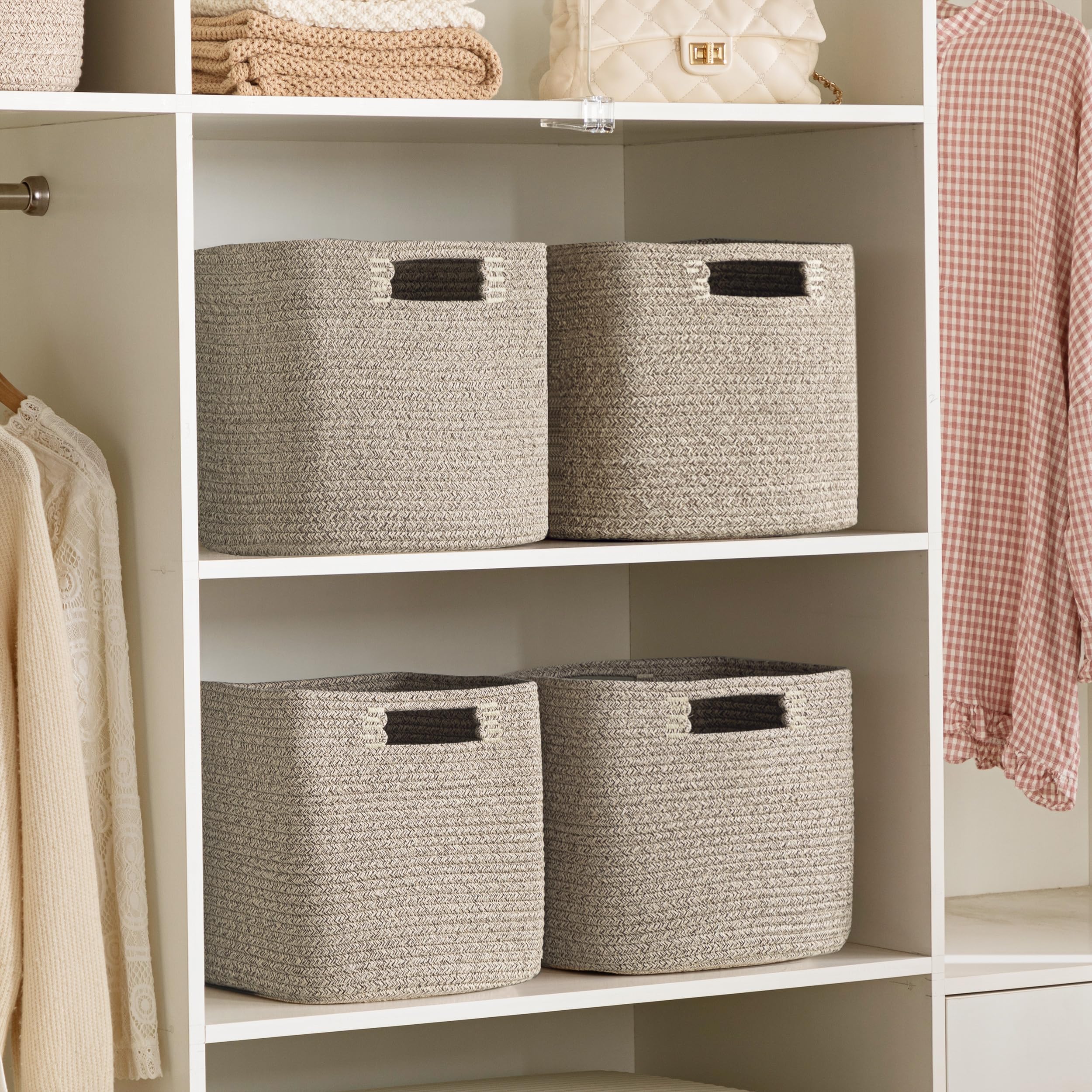 HBlife Set of 4 Storage Cubes-11 X 10.5 X 10.5 In, Cotton Rope Basket for Shelves, Toys, Book, Cube Storage Bin with Handles, Woven Storage Basket for Organizing, Beige