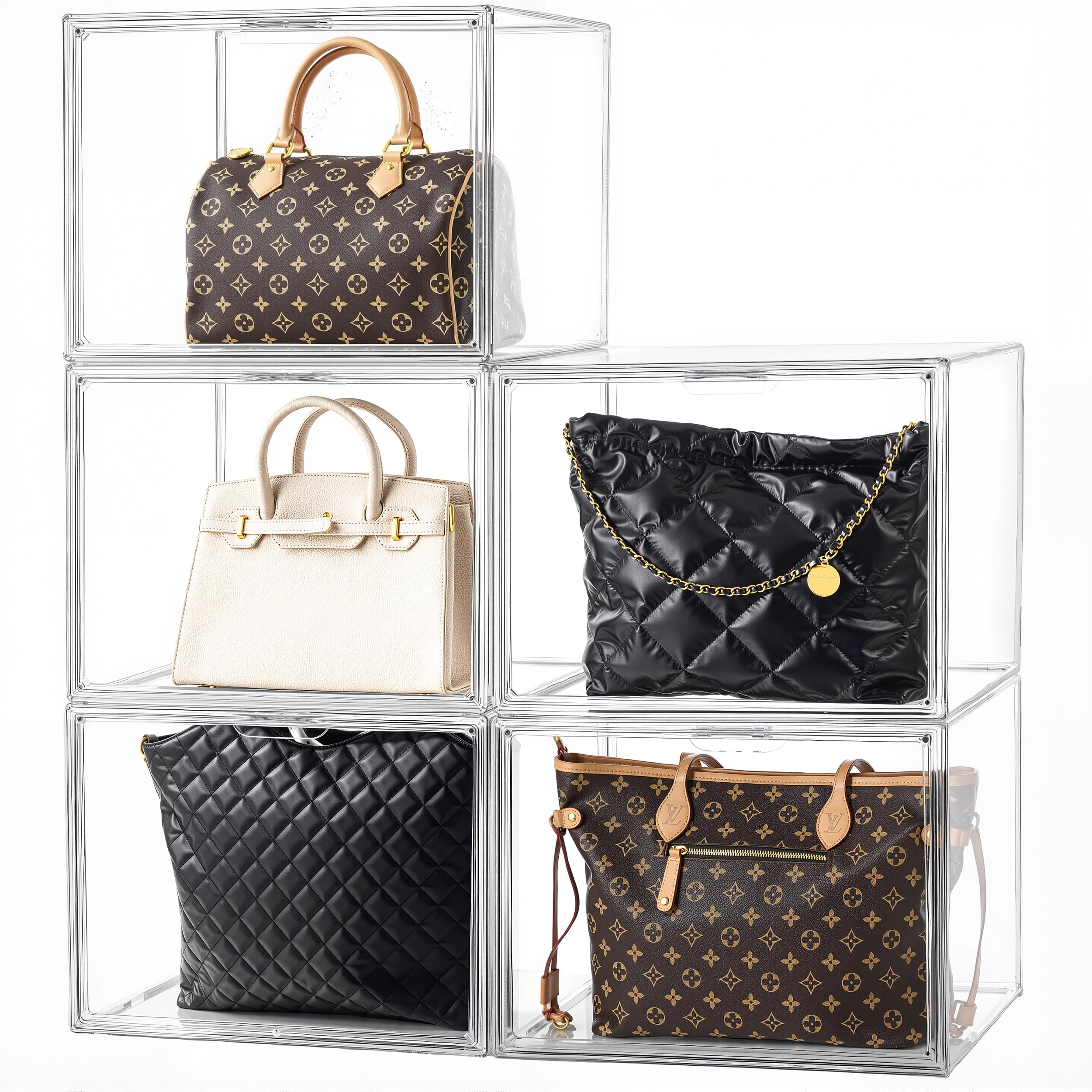 HBlife 10 Pack Purse Storage Organizer for Closet, Large Clear Stackable Handbag Display Case Box with Magnetic Door for Collectibles, Cosmetics, Women Heels and Toys