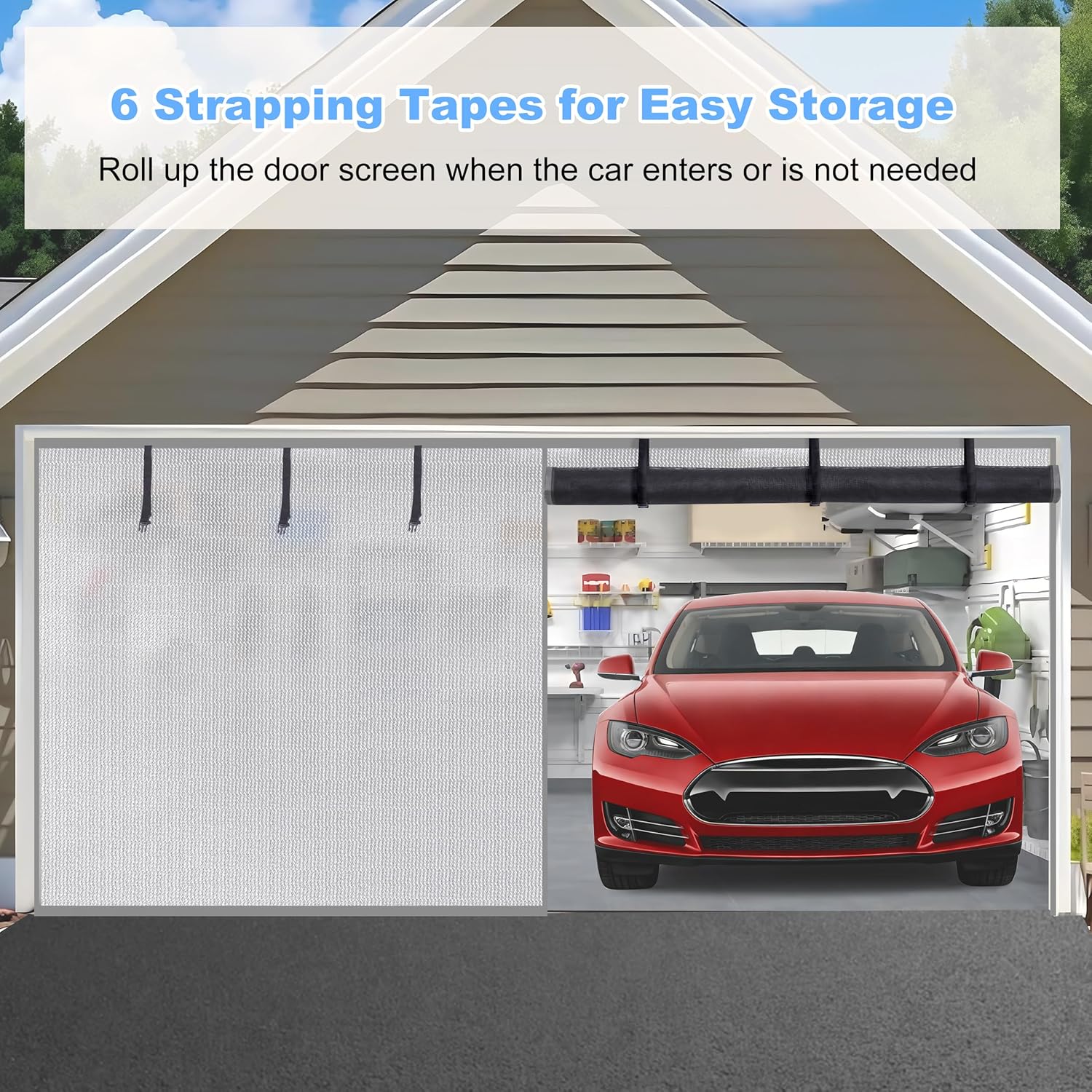 HBlife Privacy Garage Door Screen for 1 Car Garage, 8x7FT Heavy Duty Magnetic Garage Screen Door Mesh, Hands Free Retractable Garage Net Screen with 6 Roll Up Starps and 26 Magnets, Silver Grey