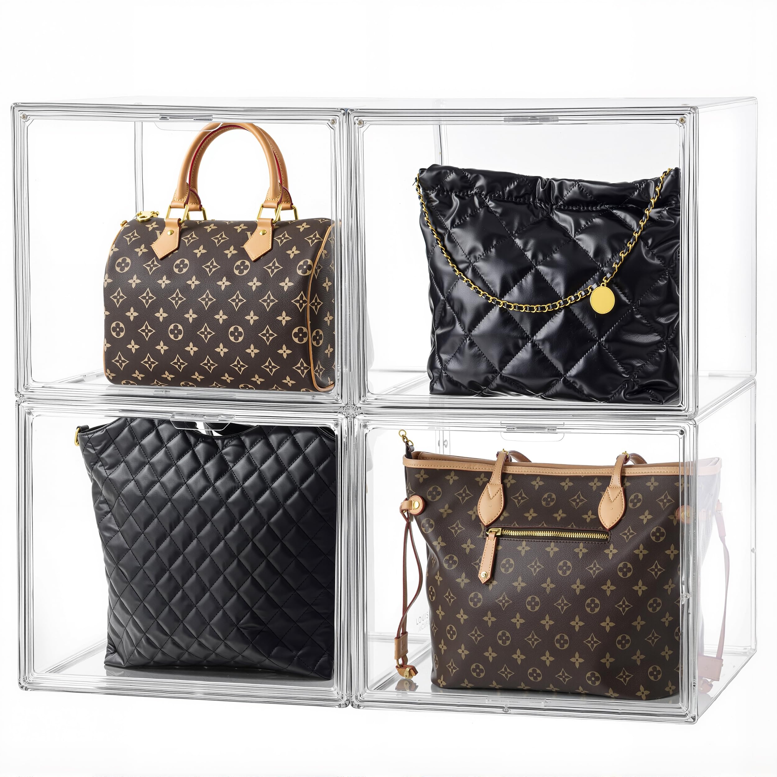 HBlife 10 Pack Purse Storage Organizer for Closet, Large Clear Stackable Handbag Display Case Box with Magnetic Door for Collectibles, Cosmetics, Women Heels and Toys