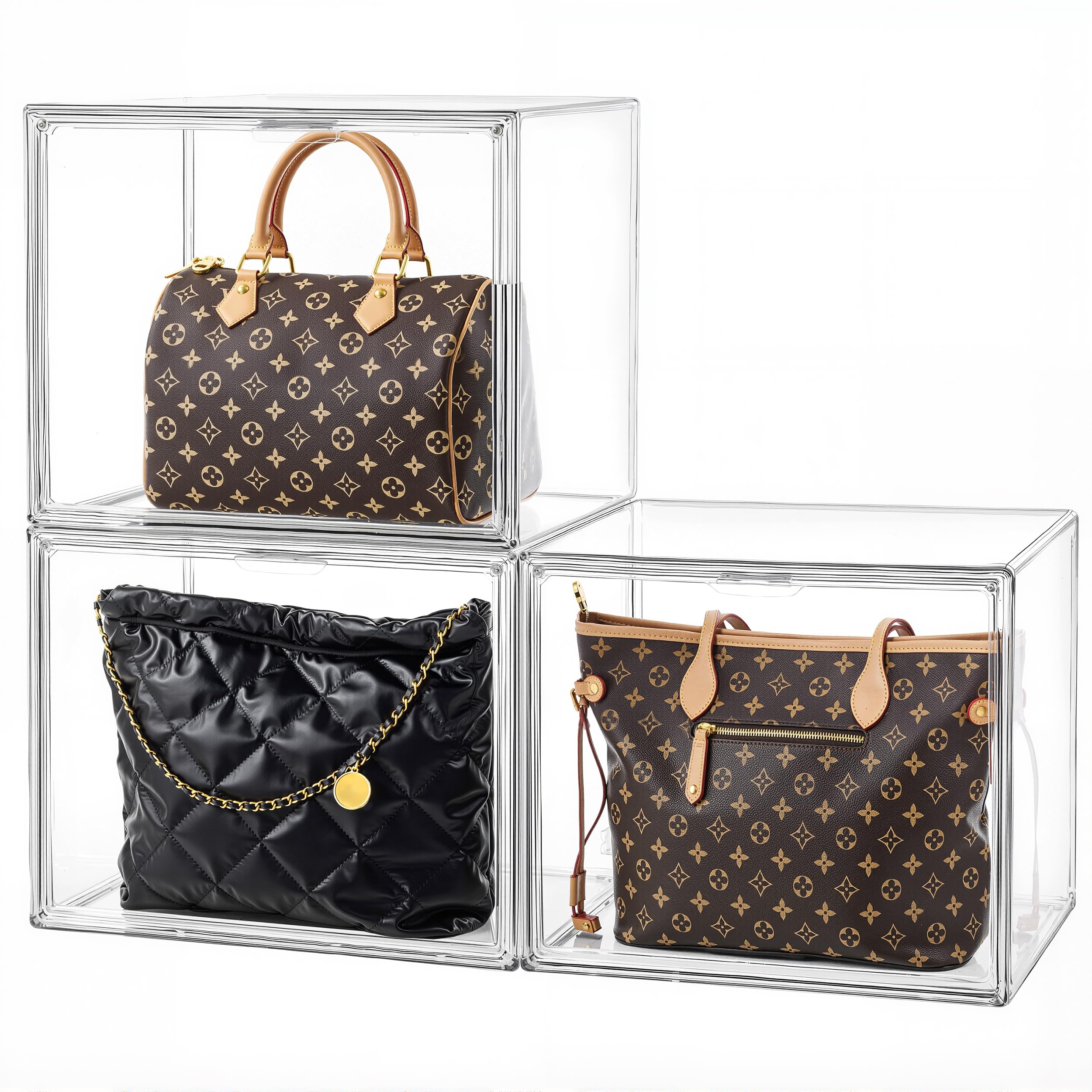 HBlife 10 Pack Purse Storage Organizer for Closet, Large Clear Stackable Handbag Display Case Box with Magnetic Door for Collectibles, Cosmetics, Women Heels and Toys