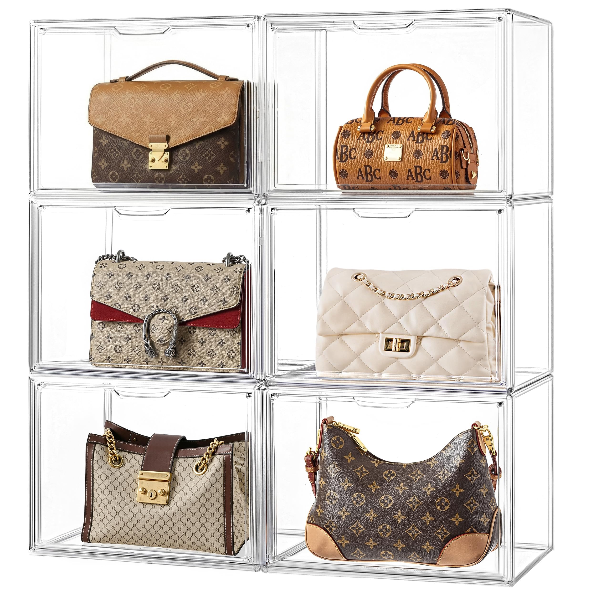 HBlife 10 Pack Purse Storage Organizer for Closet, Large Clear Stackable Handbag Display Case Box with Magnetic Door for Collectibles, Cosmetics, Women Heels and Toys