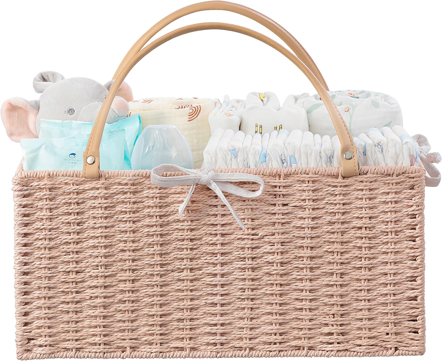 HBlife Large Baby Diaper Caddy Organizer, Paper Rope Storage Baskets Nursery Bin with Removable Divider, Portable Car Organizer for Diapers, Baby Shower Gifts, Newborn Essentials Must Haves