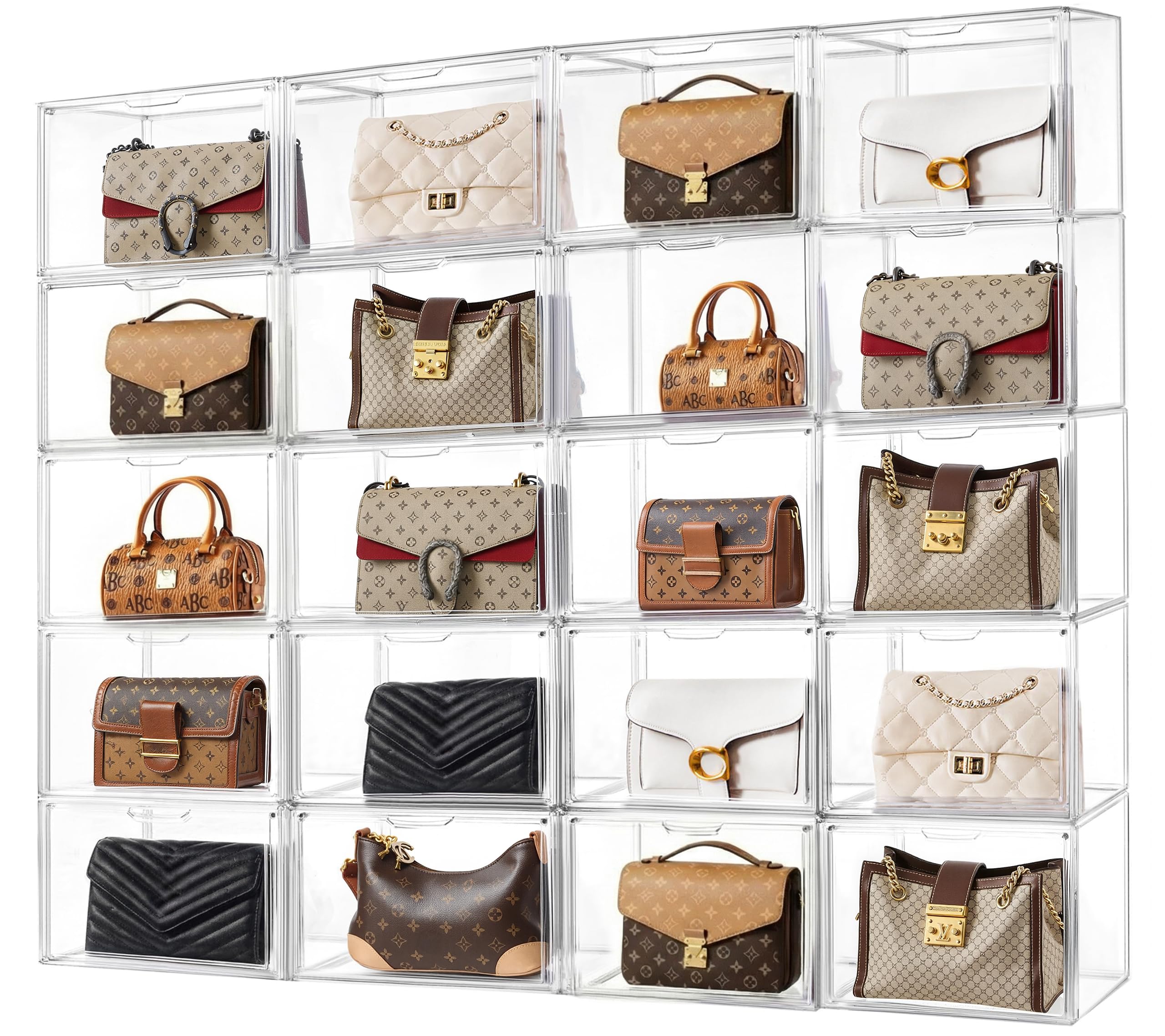 HBlife 10 Pack Purse Storage Organizer for Closet, Large Clear Stackable Handbag Display Case Box with Magnetic Door for Collectibles, Cosmetics, Women Heels and Toys