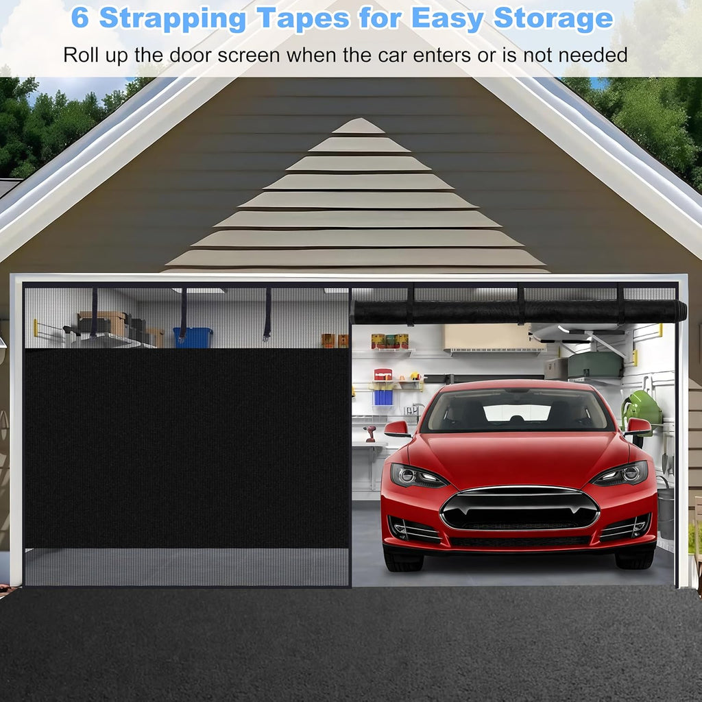 HBlife Privacy Garage Door Screen Blackout for 1 Car Garage, 8x7FT Heavy Duty Magnetic Garage Screen Door Mesh, Hands Free Retractable Garage Net Screen with 6 Roll Up Starps and 26 Magnets, Black
