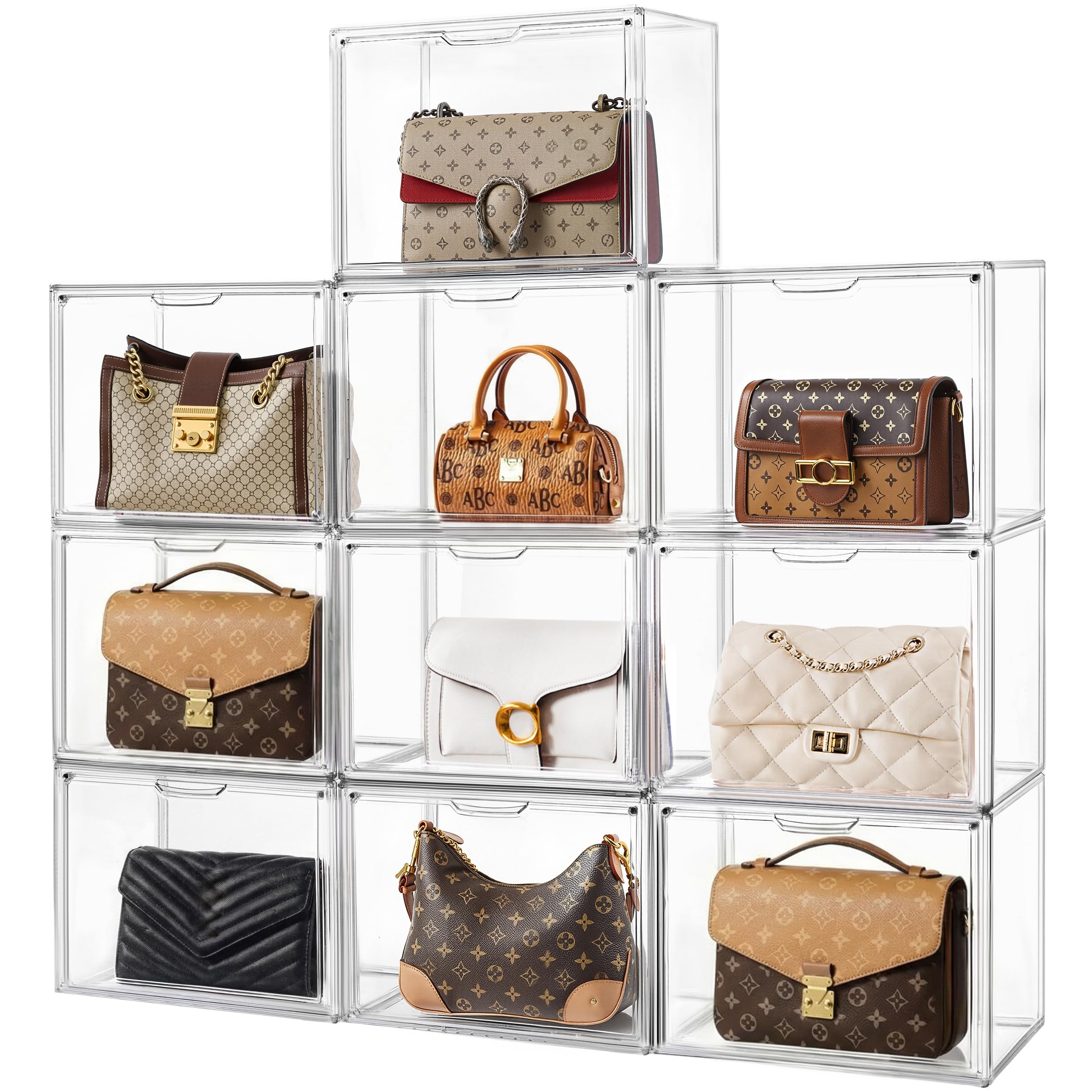 HBlife 10 Pack Purse Storage Organizer for Closet, Large Clear Stackable Handbag Display Case Box with Magnetic Door for Collectibles, Cosmetics, Women Heels and Toys