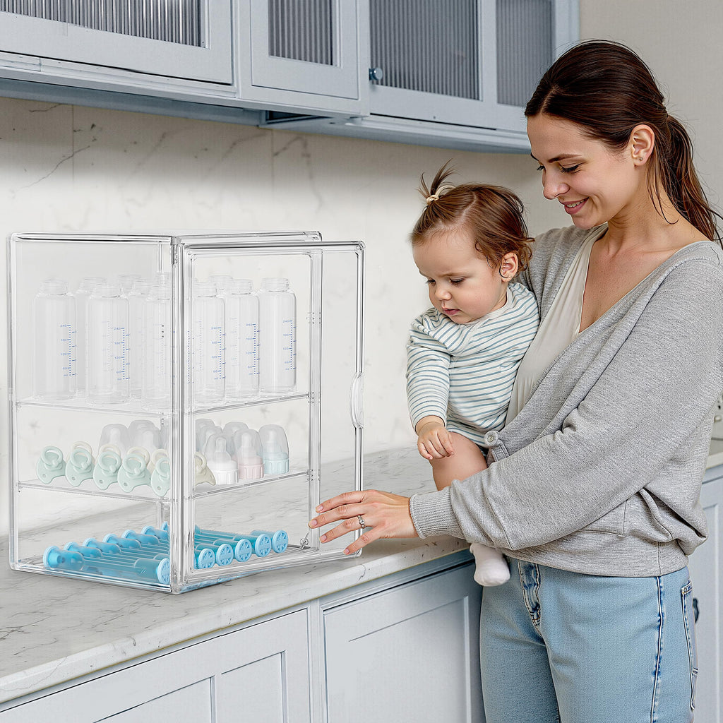 HBlife Baby Bottle Storage Organizer for Countertop Cabinet, 3 Tiers Adjustable Clear Acrylic Bottles Storage Station Case Box Container with 2 Removable Dividers and Magnetic Door, Large