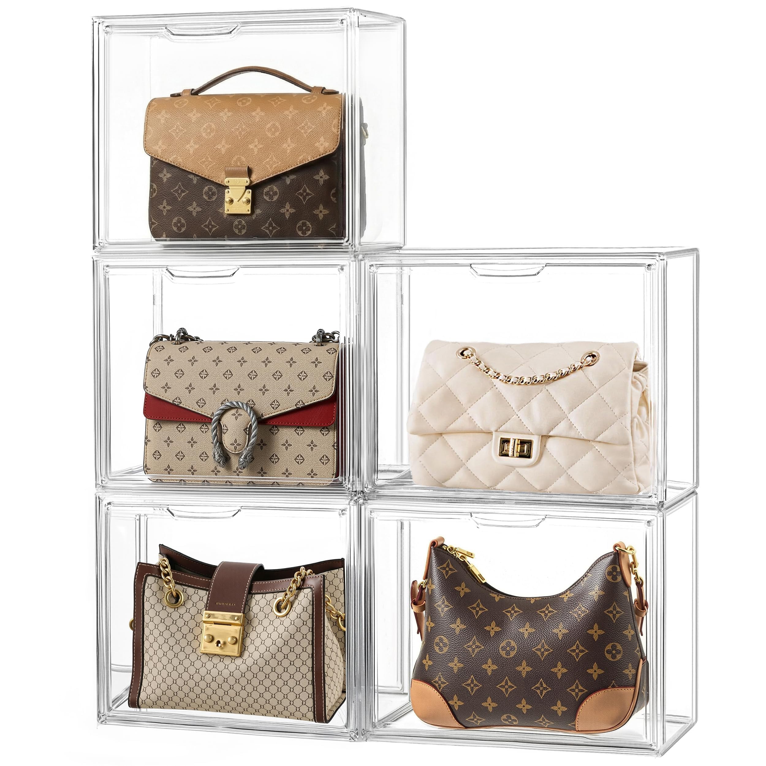 HBlife 10 Pack Purse Storage Organizer for Closet, Large Clear Stackable Handbag Display Case Box with Magnetic Door for Collectibles, Cosmetics, Women Heels and Toys