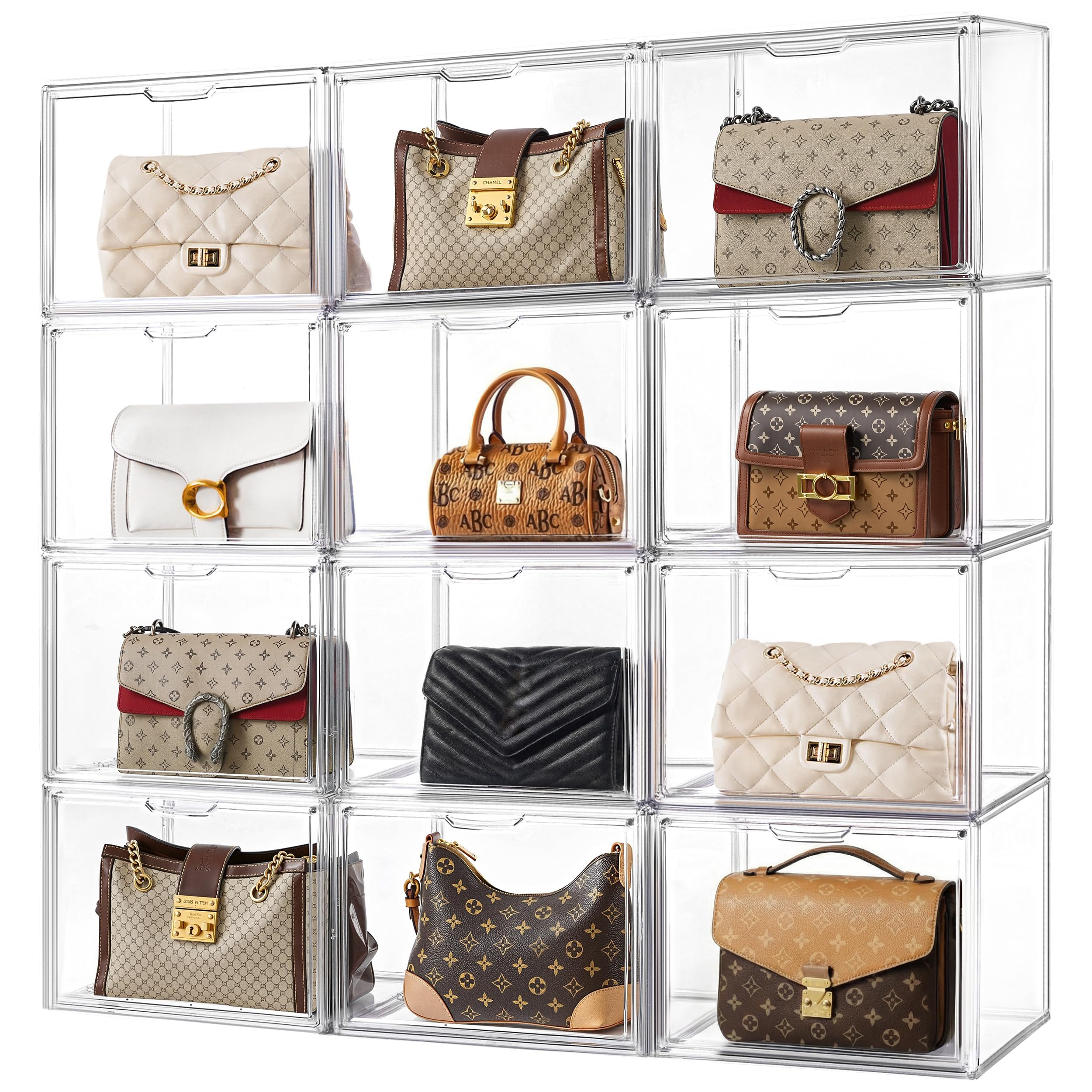 HBlife 10 Pack Purse Storage Organizer for Closet, Large Clear Stackable Handbag Display Case Box with Magnetic Door for Collectibles, Cosmetics, Women Heels and Toys