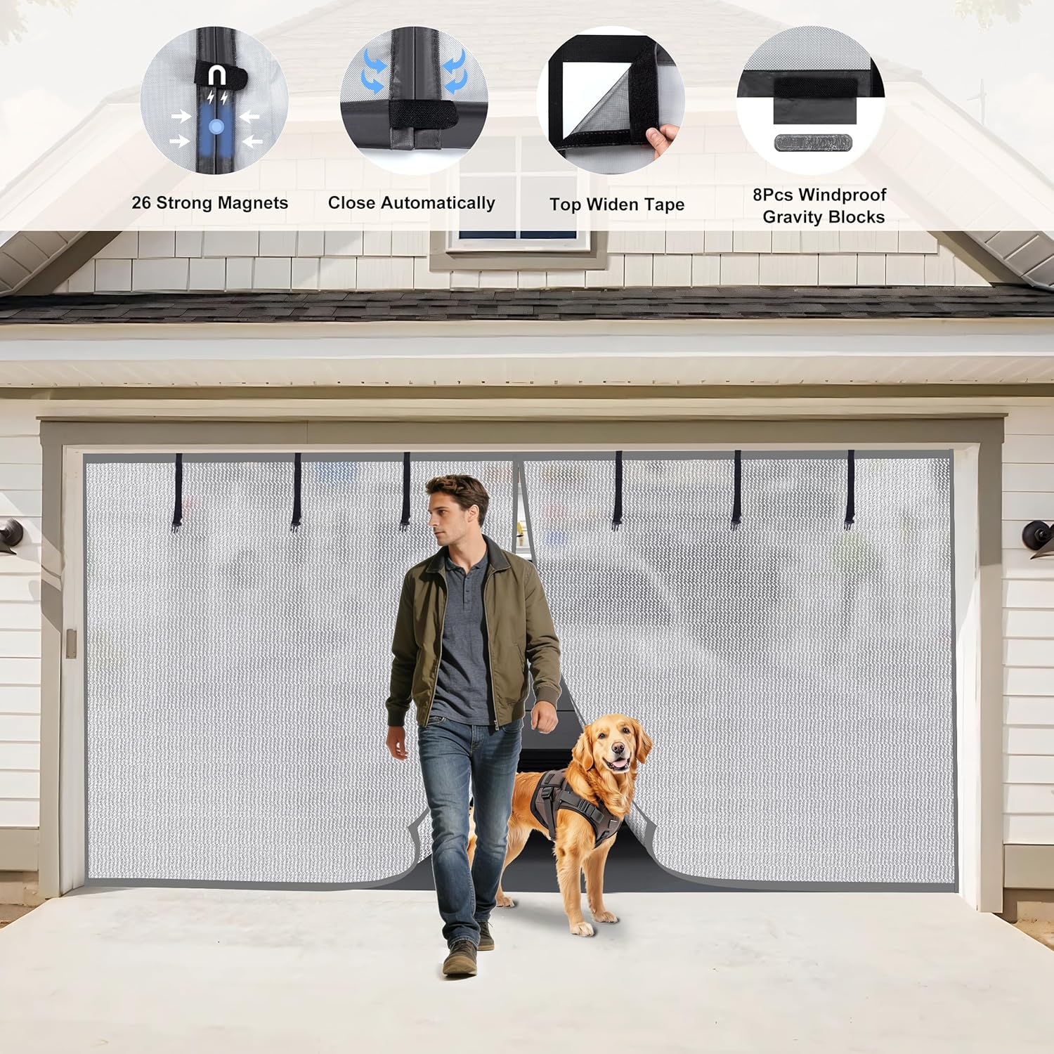 HBlife Privacy Garage Door Screen for 1 Car Garage, 8x7FT Heavy Duty Magnetic Garage Screen Door Mesh, Hands Free Retractable Garage Net Screen with 6 Roll Up Starps and 26 Magnets, Silver Grey