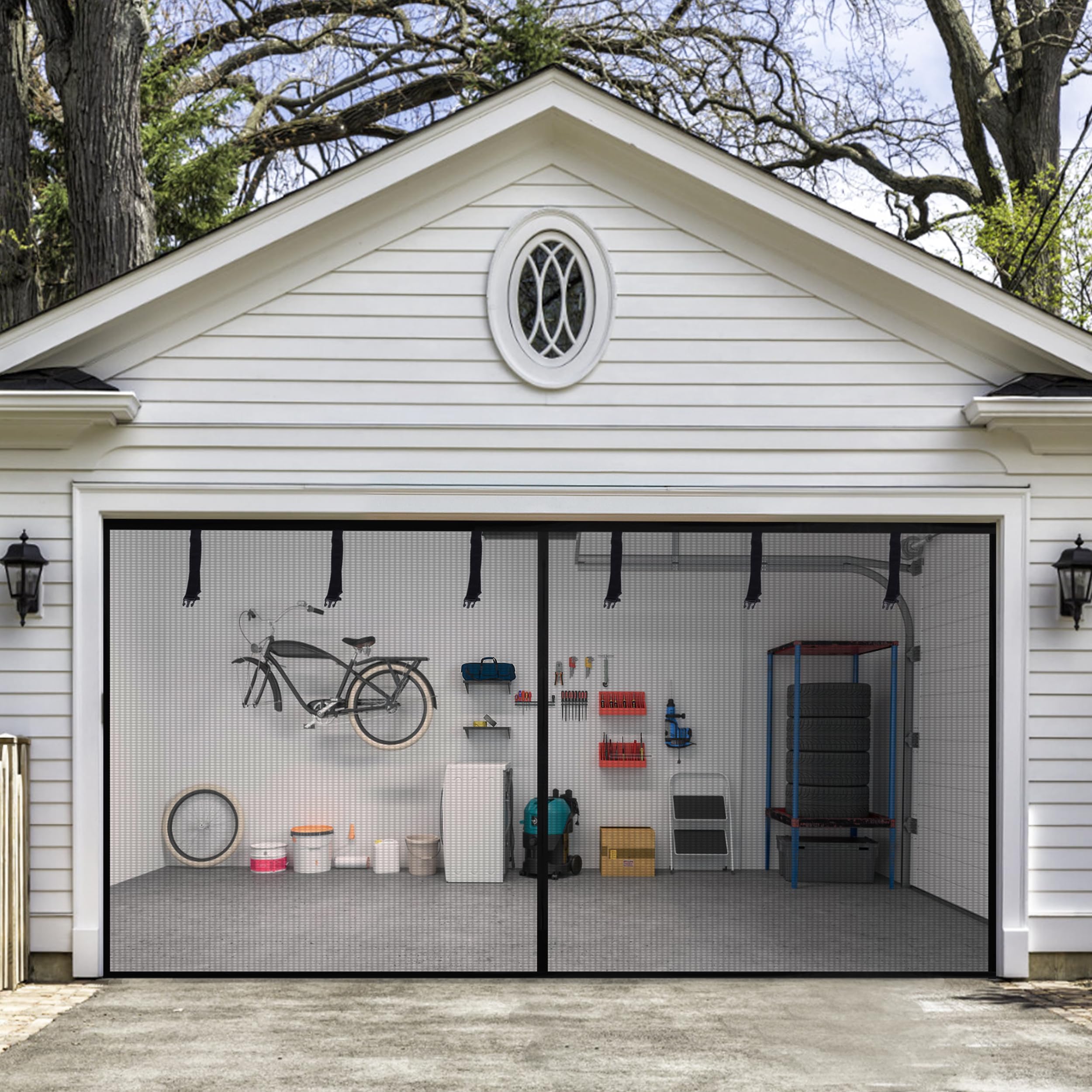 HBlife Garage Screen Doors for 1 Car Garage,7x7FT Fiberglass Magnetic Garage Door Screen, Hands Free Retractable Garage Net Screen Door Mesh with 6 Roll Up Starps and 26 Magnets for Patio, Gym, Porch