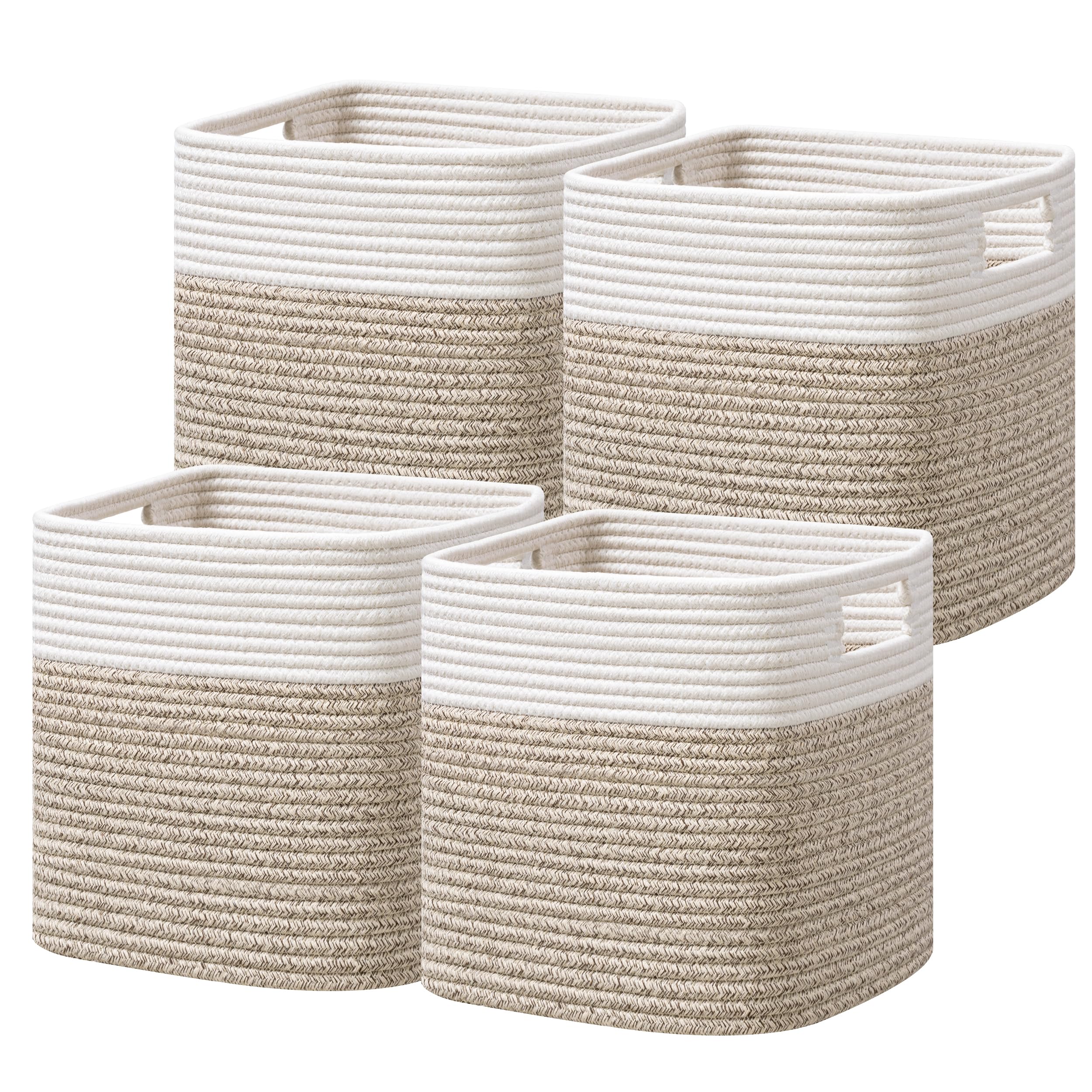 HBlife Set of 4 Storage Cubes-11 X 10.5 X 10.5 In, Cotton Rope Basket for Shelves, Toys, Book, Cube Storage Bin with Handles, Woven Storage Basket for Organizing, Beige