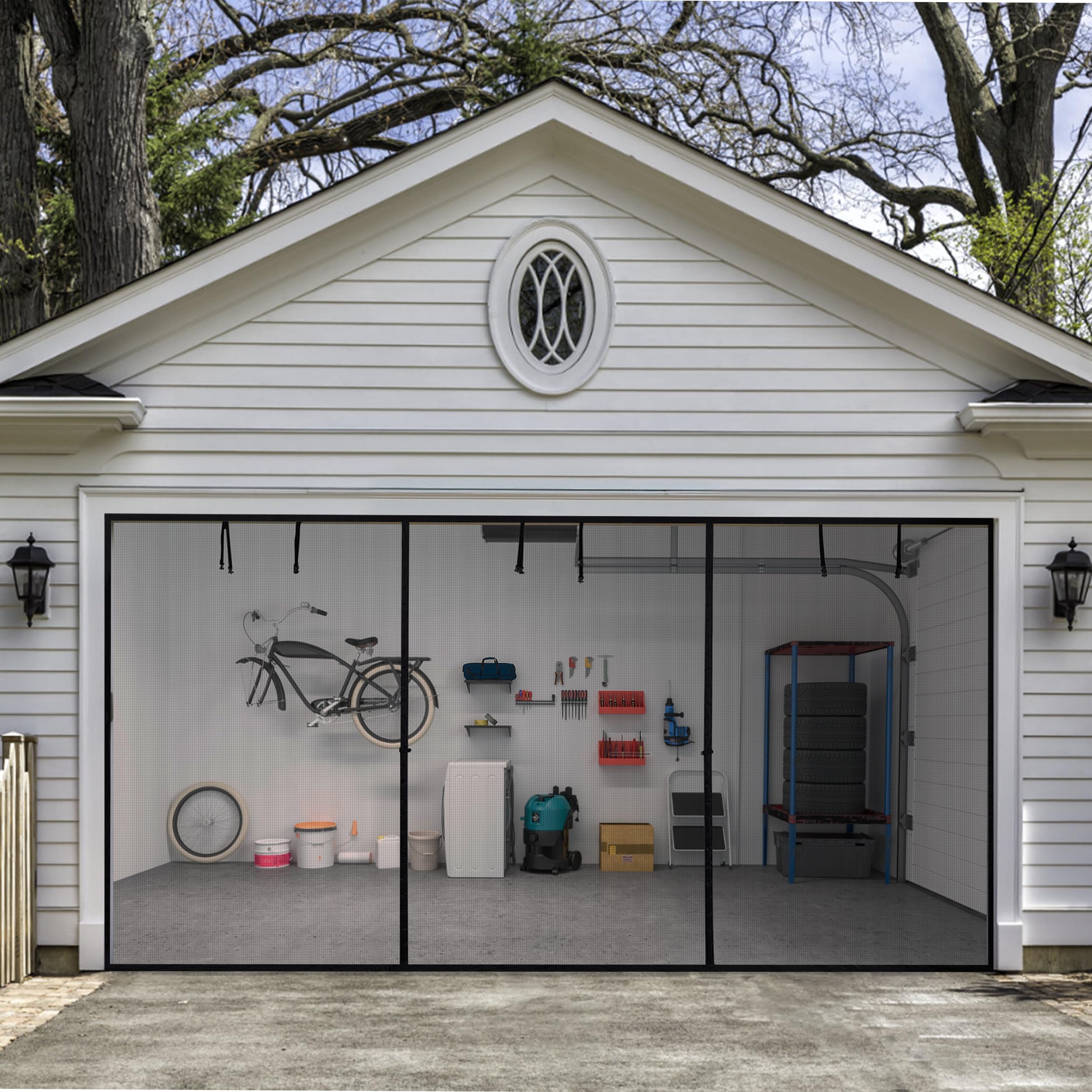 HBlife Garage Screen Doors for 1 Car Garage,7x7FT Fiberglass Magnetic Garage Door Screen, Hands Free Retractable Garage Net Screen Door Mesh with 6 Roll Up Starps and 26 Magnets for Patio, Gym, Porch