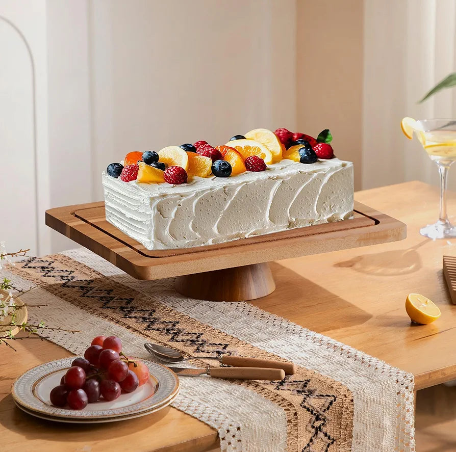 HBlife Cake Stand with Lid , Multifunctional Cake Stand with Acrylic Dome Rectangular Acacia Wood 2-in-1 Cake Plate Display Stand with Cover for Baking Gifts, Birthday Kitchen Parties, Weddings