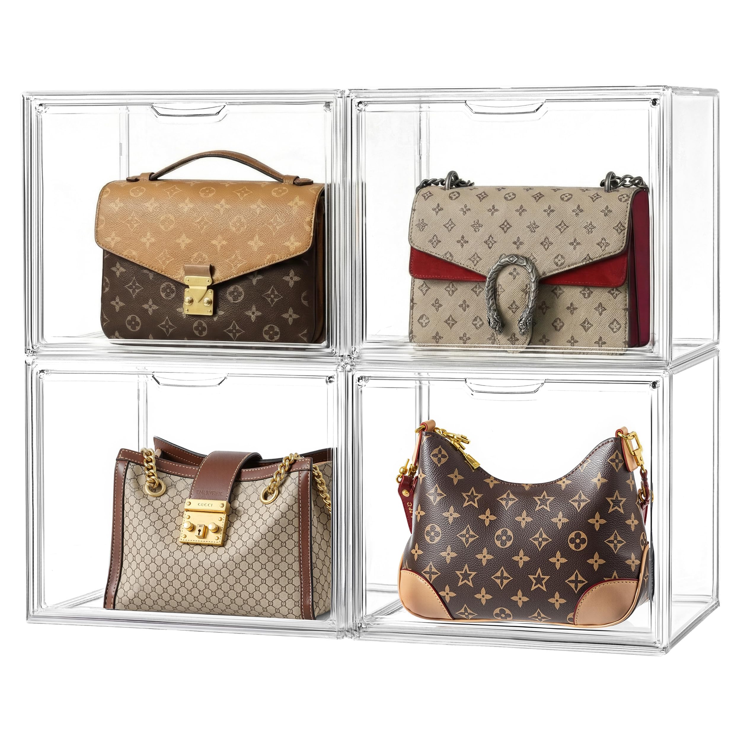 HBlife 10 Pack Purse Storage Organizer for Closet, Large Clear Stackable Handbag Display Case Box with Magnetic Door for Collectibles, Cosmetics, Women Heels and Toys