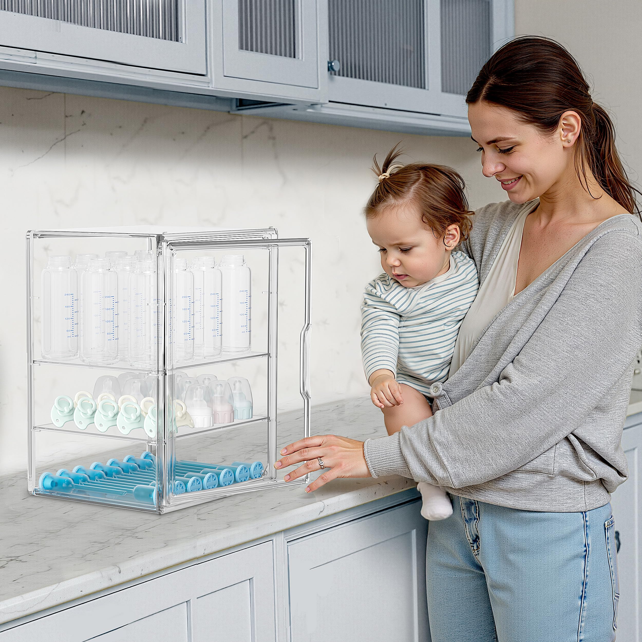 HBlife Baby Bottle Storage Organizer for Countertop Cabinet, 3 Tiers Adjustable Clear Acrylic Bottles Storage Station Case Box Container with 2 Removable Dividers and Magnetic Door, Large