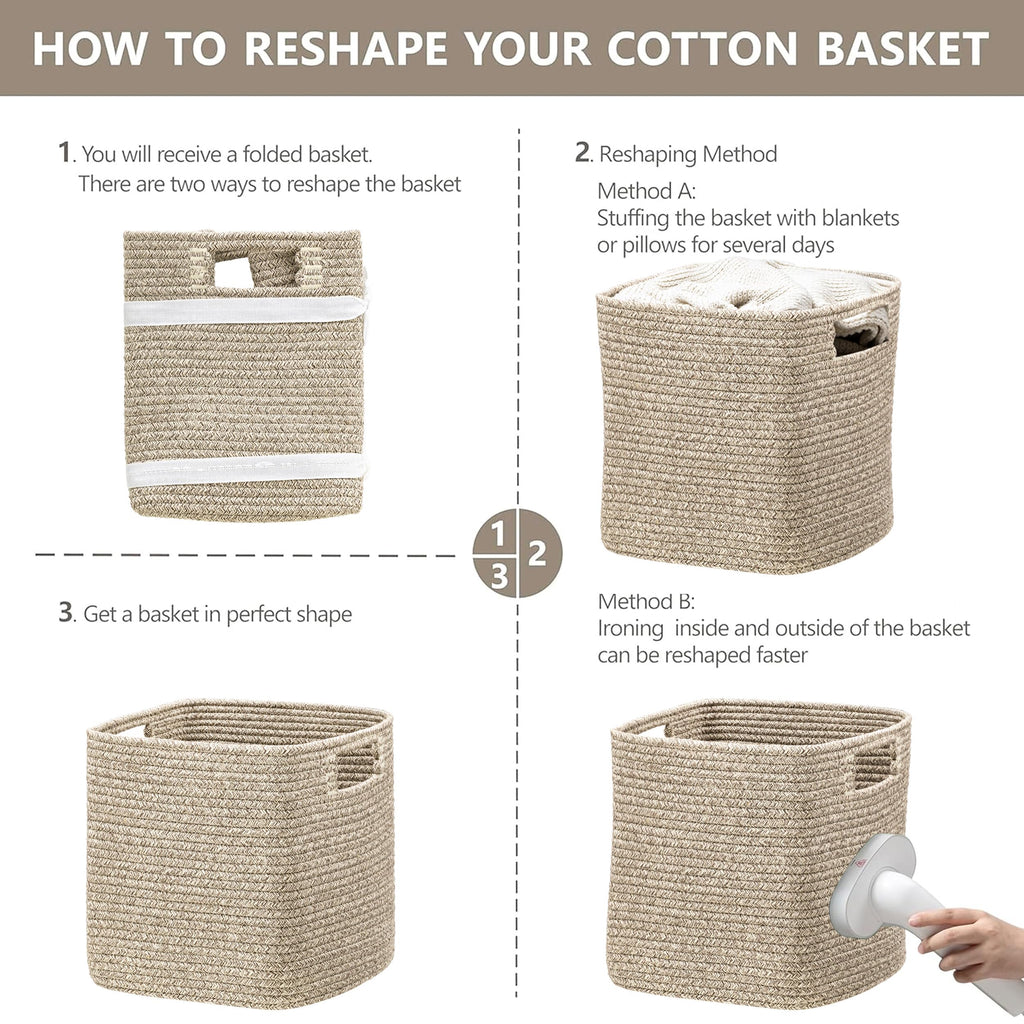 HBlife Set of 4 Storage Cubes-11 X 10.5 X 10.5 In, Cotton Rope Basket for Shelves, Toys, Book, Cube Storage Bin with Handles, Woven Storage Basket for Organizing, Beige