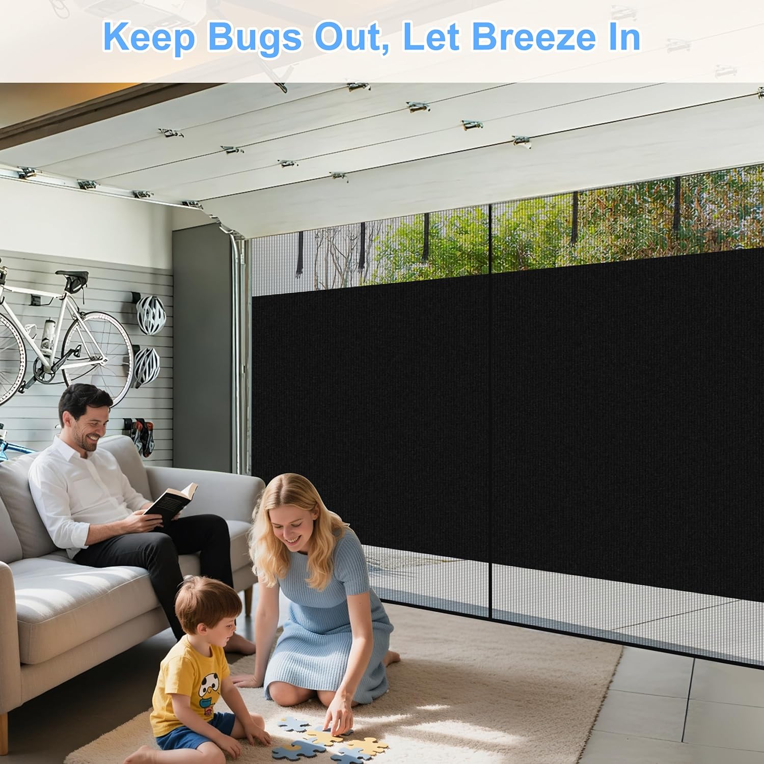 HBlife Privacy Garage Door Screen Blackout for 1 Car Garage, 8x7FT Heavy Duty Magnetic Garage Screen Door Mesh, Hands Free Retractable Garage Net Screen with 6 Roll Up Starps and 26 Magnets, Black