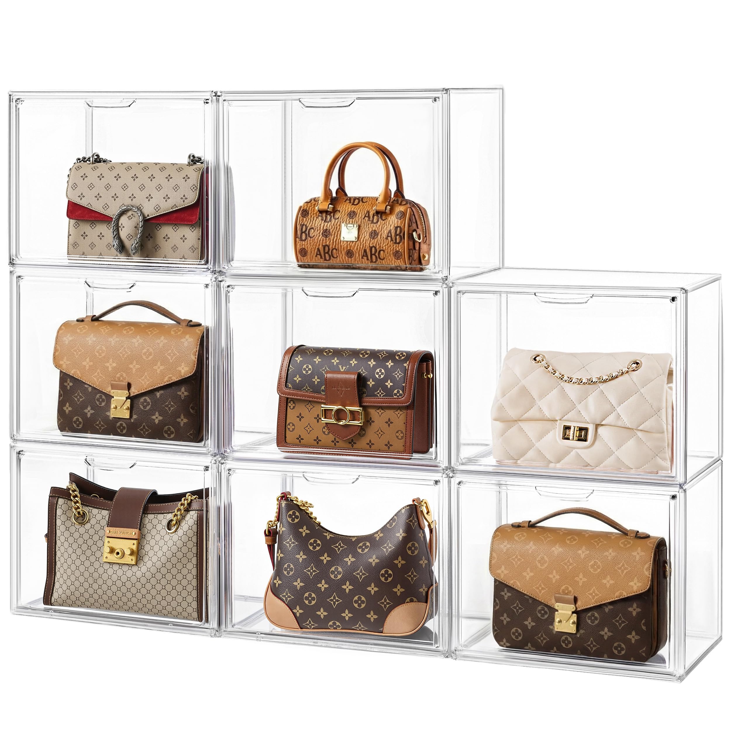 HBlife 10 Pack Purse Storage Organizer for Closet, Large Clear Stackable Handbag Display Case Box with Magnetic Door for Collectibles, Cosmetics, Women Heels and Toys