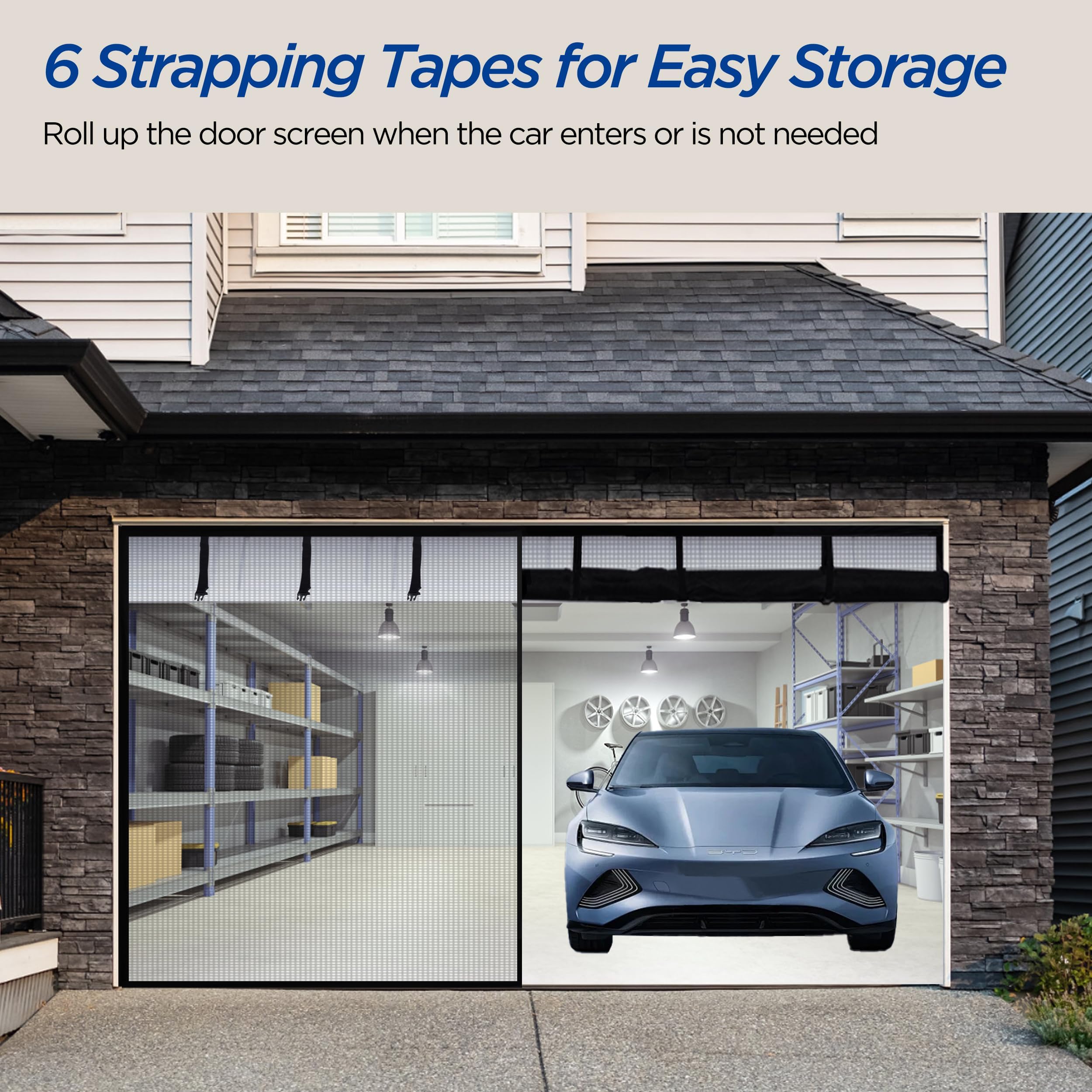 HBlife Garage Screen Doors for 1 Car Garage,7x7FT Fiberglass Magnetic Garage Door Screen, Hands Free Retractable Garage Net Screen Door Mesh with 6 Roll Up Starps and 26 Magnets for Patio, Gym, Porch