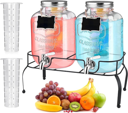 HBlife 1 Gallon Glass Drink Dispenser, Beverage Dispenser with Stand, Stainless Steel Spigot, and Ice Cylinder,2 Pack