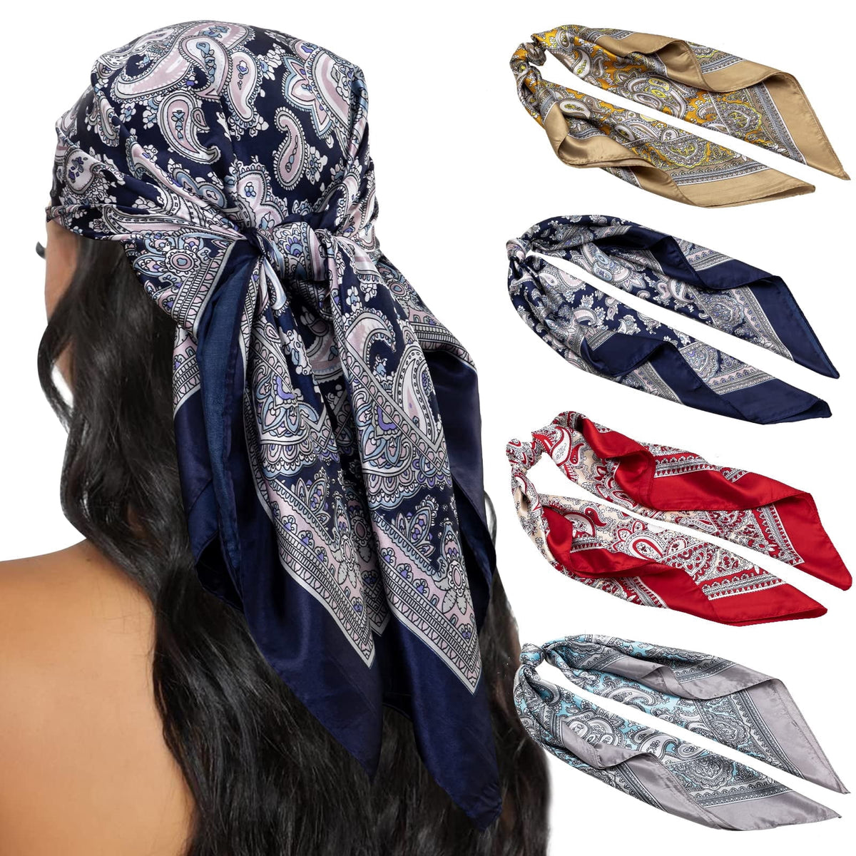 HBlife Large Square Women's Satin Head Scarf Bandana, Multicolor, 4 Pack