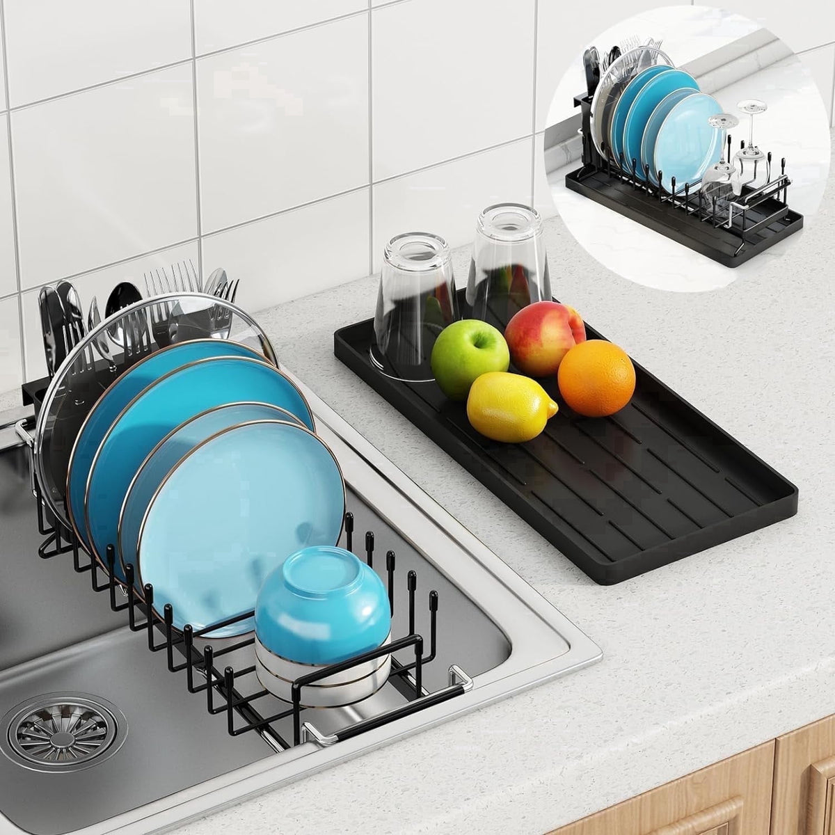 HBlife Expandable Sink Dish Drying Rack, Small Dish Rack Over Sink with Silicone Drying Tray, Sink Dish Drainer for Kitchen Counter with Cutlery Holder