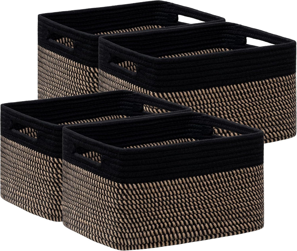HBlife Set of 4 Storage Cubes-13 X 9 X 7.5 in, Cotton Rope Basket with Handles, Black&Brown
