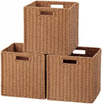 HBlife Wicker Baskets, Set of 3 Foldable Hand-Woven Paper Rope Storage Baskets, Caramel