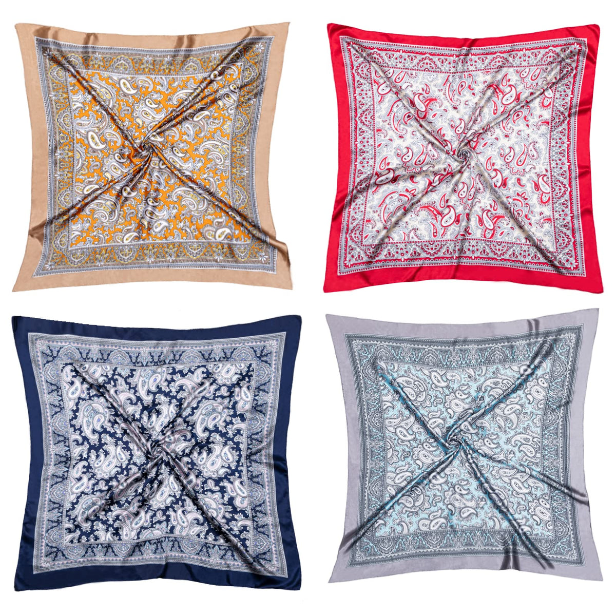 HBlife Large Square Women's Satin Head Scarf Bandana, Multicolor, 4 Pack