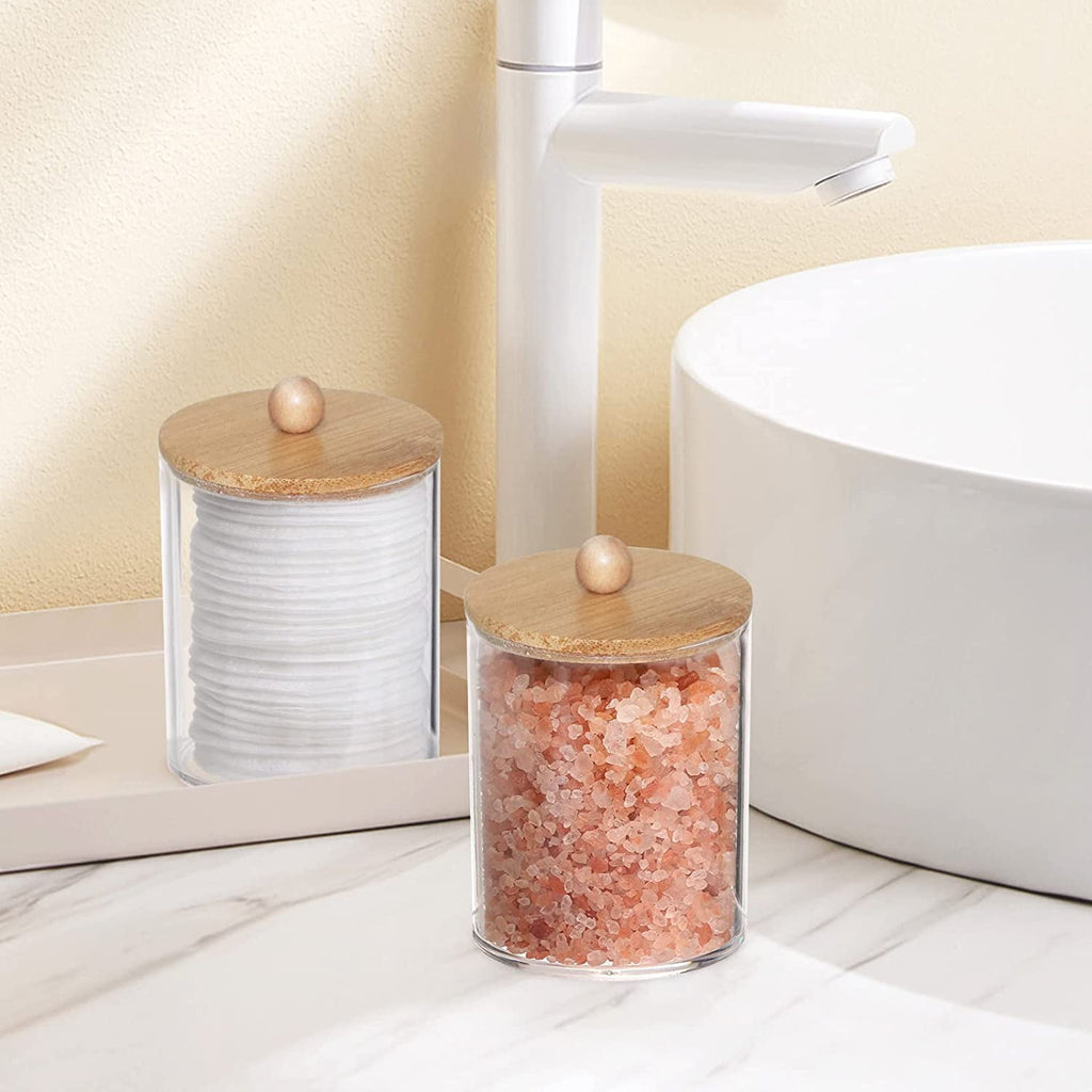 HBlife 4 Pack Qtip Holder Dispenser with Bamboo Lids - Clear Plastic Apothecary Jar for Makeup Storage - Bathroom Set