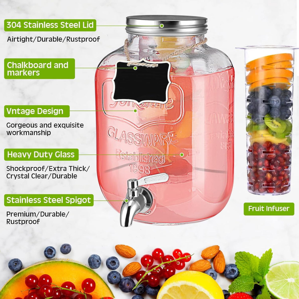 HBlife 1 Gallon Glass Drink Dispenser, Beverage Dispenser with Stand, Stainless Steel Spigot, and Ice Cylinder,2 Pack