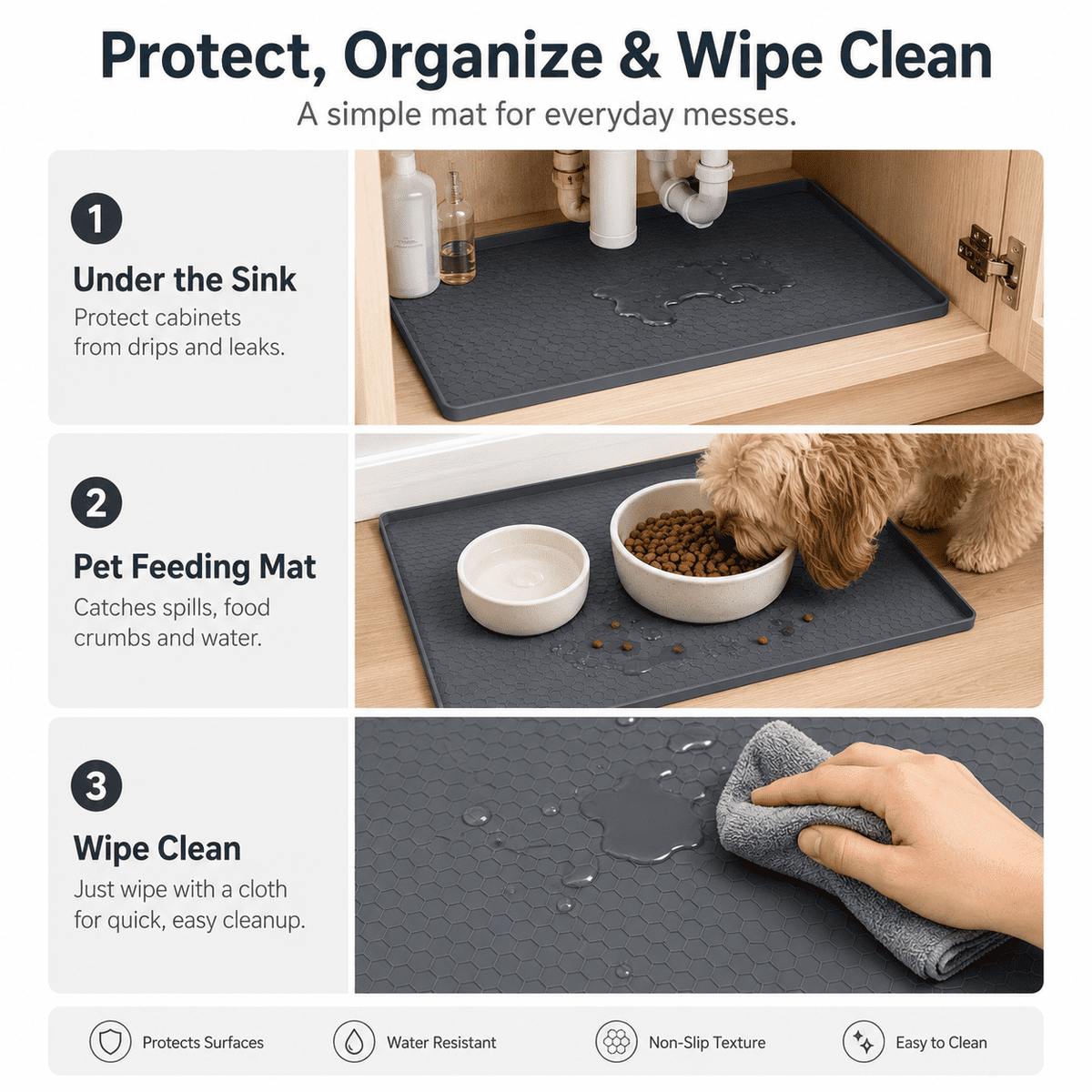 HBlife Silicone Under Sink Mats for Kitchen Waterproof, 31" x 22" Under Sink Tray Organizer