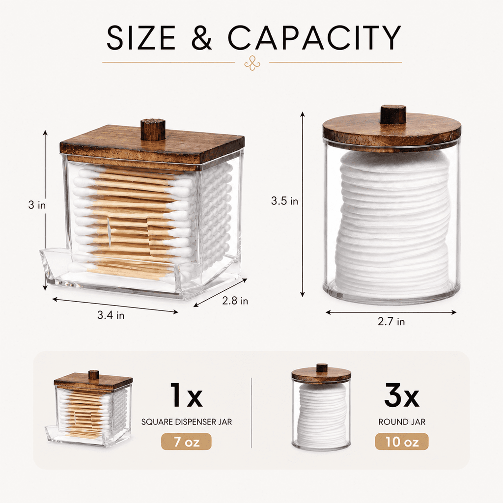 HBlife 4 Pack Qtips Holder Bathroom Container, 10/7 OZ Cotton Ball/Swabs Dispenser, Apothecary Jar Organizer for Storage Brown Wood Lids