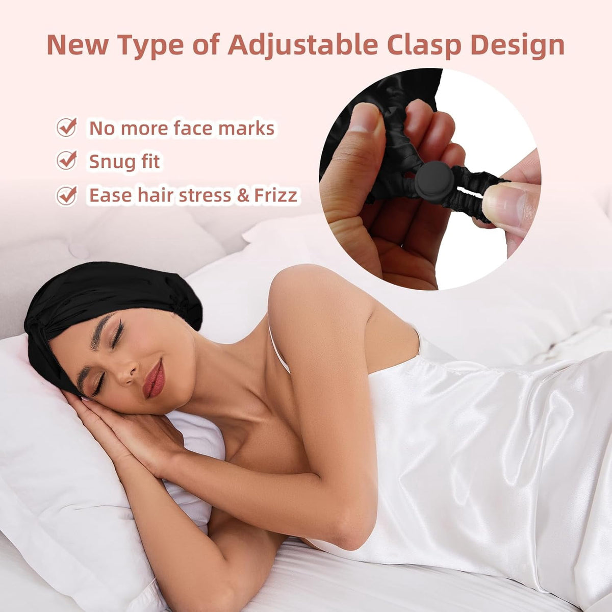 HBlife Adjustable Silk Satin Hair Bonnet for Sleeping Women,Double Layer,Night Turban for Large Long Curly Braid Women Men Hair - Black