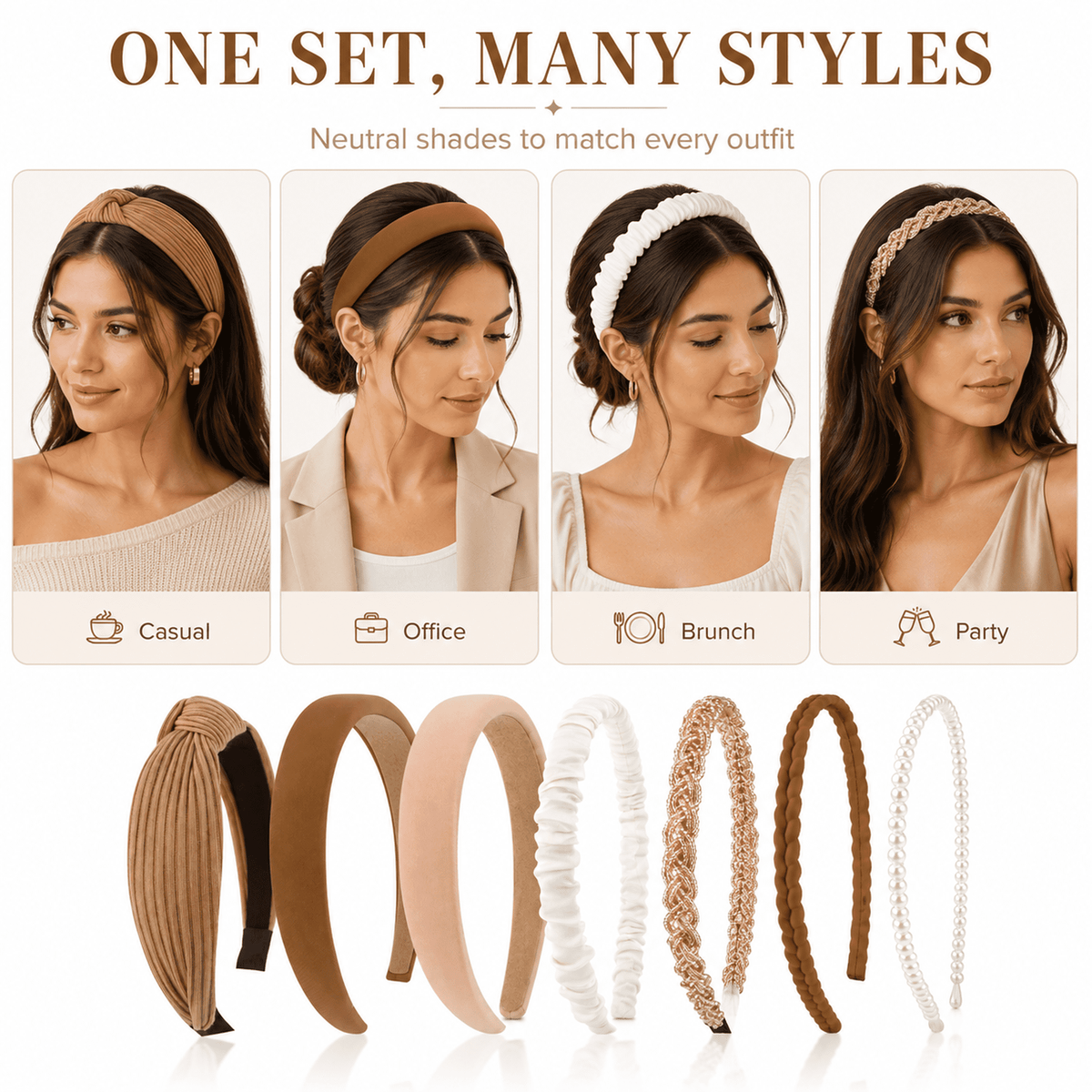 HBlife 7 Pack Headbands for Women Girls Headbands Trendy Brown Knotted Solid Head Bands Pearl Headband Non Slip Hairbands Cute Hair Accessories Multi-style Headband Pack