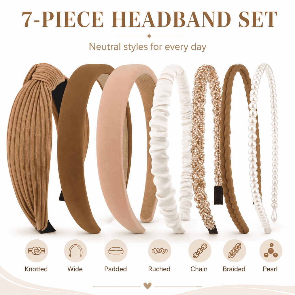 HBlife 7 Pack Headbands for Women Girls Headbands Trendy Brown Knotted Solid Head Bands Pearl Headband Non Slip Hairbands Cute Hair Accessories Multi-style Headband Pack