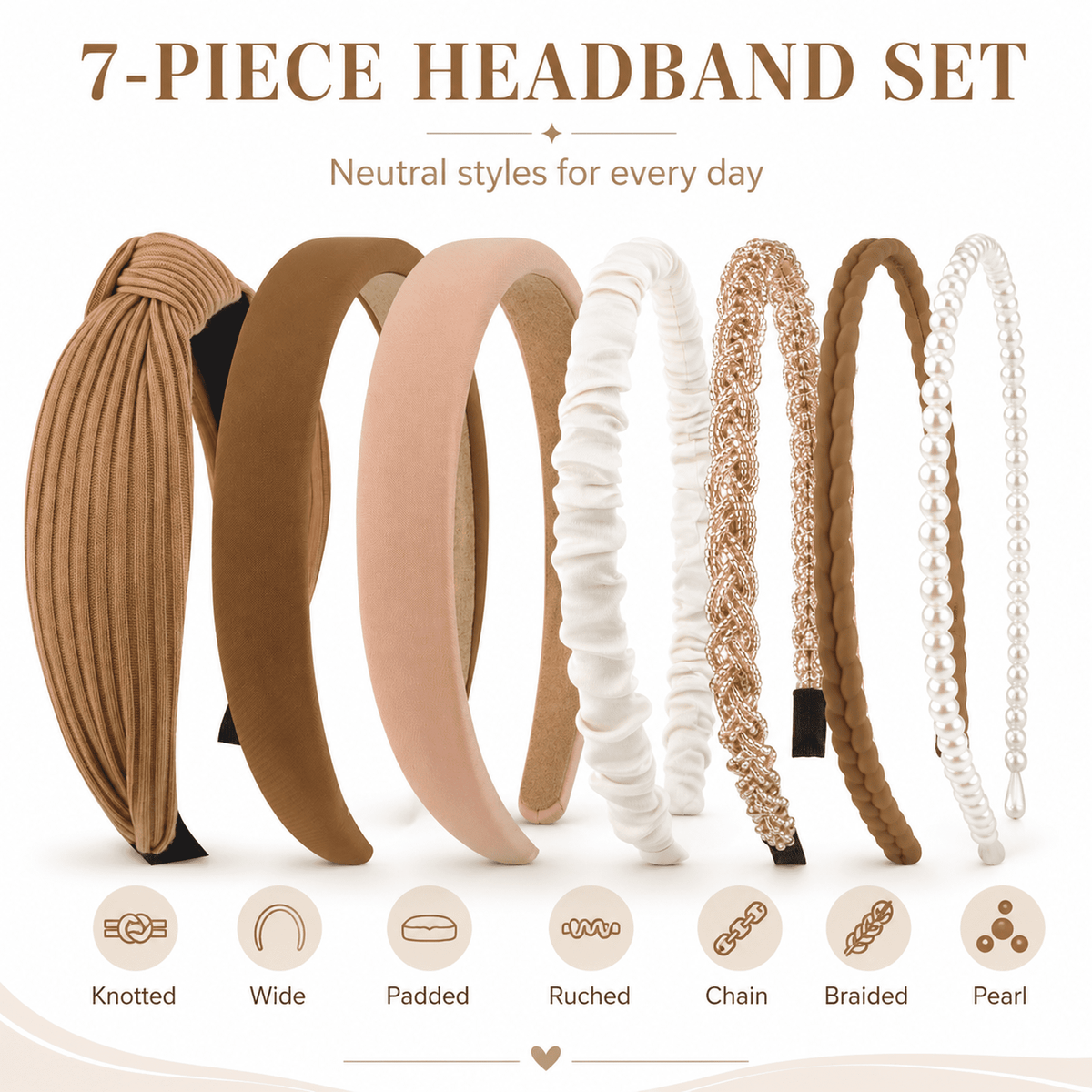 HBlife 7 Pack Headbands for Women Girls Headbands Trendy Brown Knotted Solid Head Bands Pearl Headband Non Slip Hairbands Cute Hair Accessories Multi-style Headband Pack