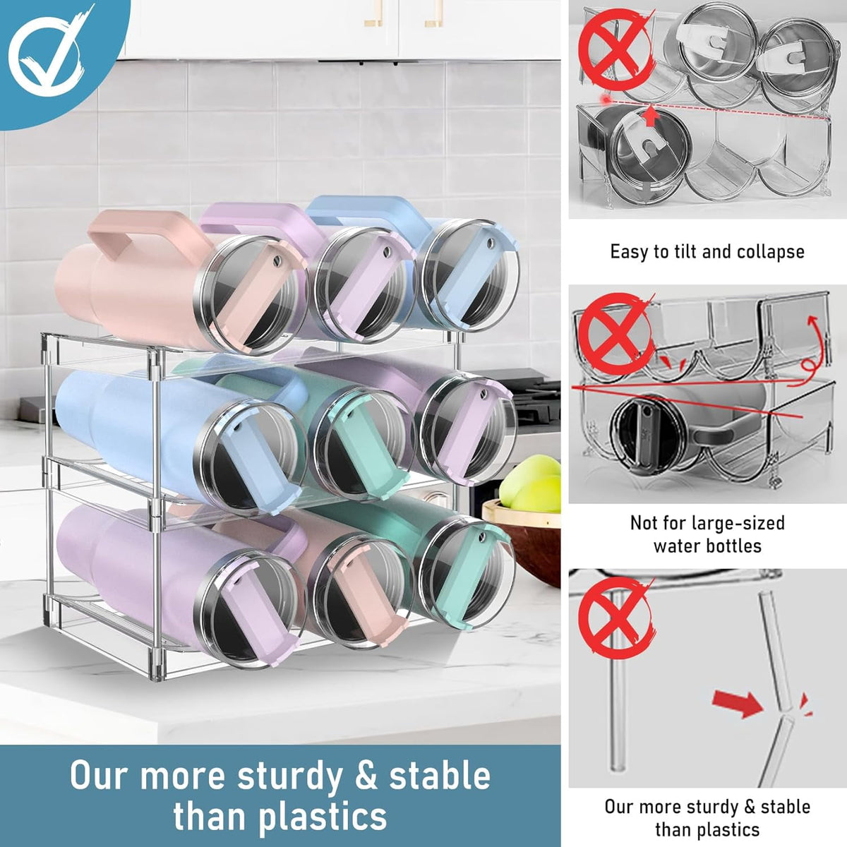 HBlife Upgraded 3-Tier Water Bottle Organizer for Stanley 40 oz Tumbler with Handle, Kitchen Organizer, Clear