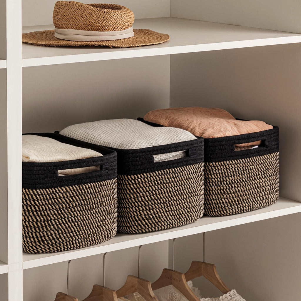 HBlife Set of 4 Storage Cubes-13 X 9 X 7.5 in, Cotton Rope Basket with Handles, Black&Brown