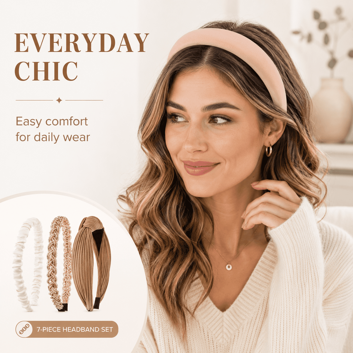 HBlife 7 Pack Headbands for Women Girls Headbands Trendy Brown Knotted Solid Head Bands Pearl Headband Non Slip Hairbands Cute Hair Accessories Multi-style Headband Pack