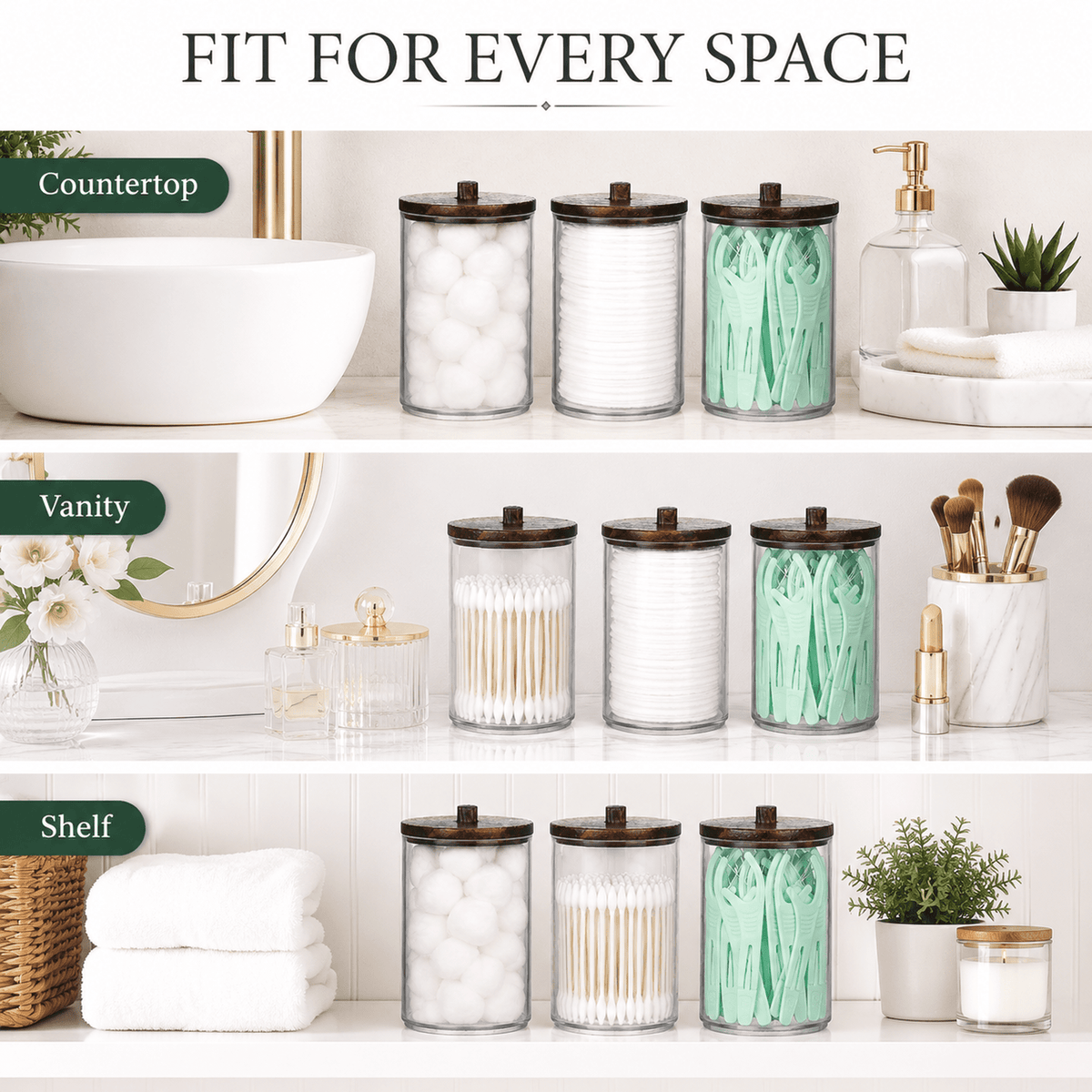 HBlife 4 Pack Qtips Holder Bathroom Container, 10/7 OZ Cotton Ball/Swabs Dispenser, Apothecary Jar Organizer for Storage Brown Wood Lids