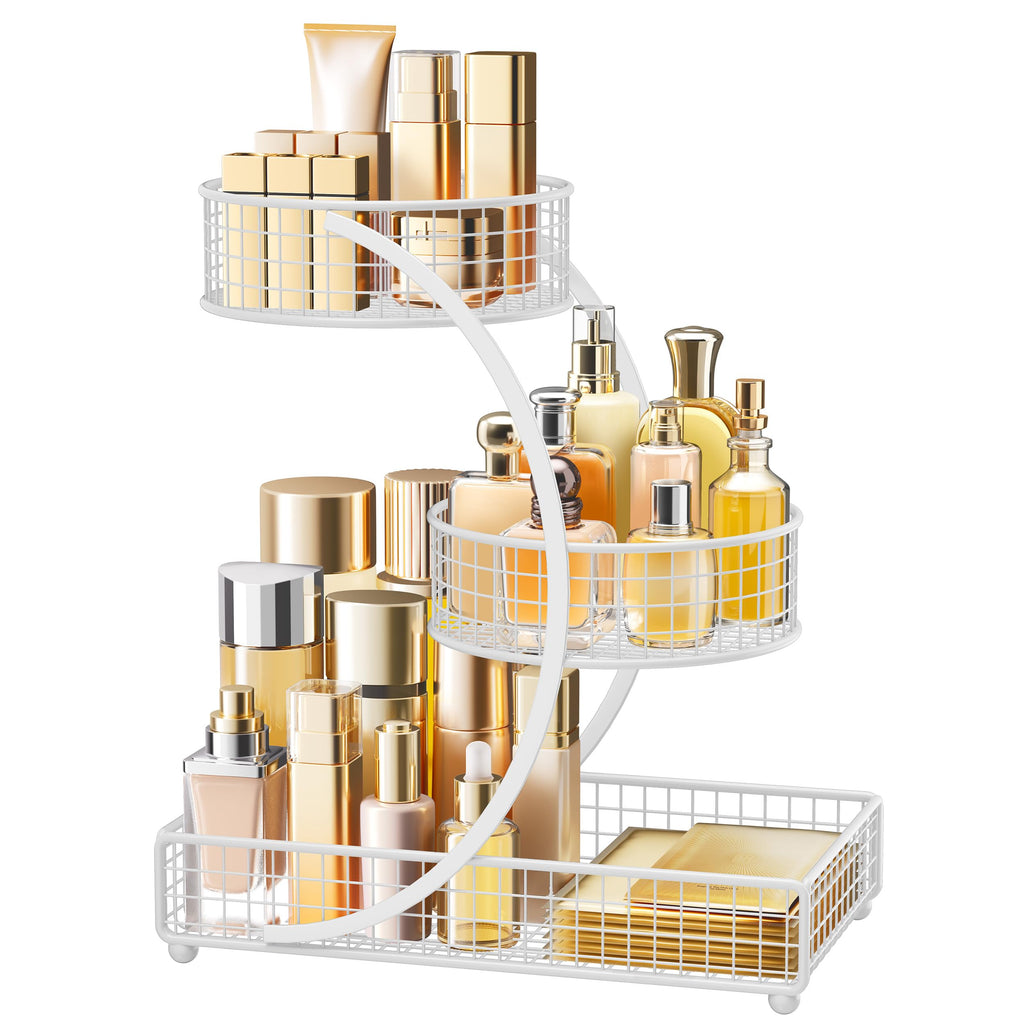 HBlife Makeup Organizer for Vanity, 3 Tier Metal Bathroom Countertop Organizers Skin Care Storage, Bathroom Counter Shelf Skincare Holder Perfume Cosmetic Display, White