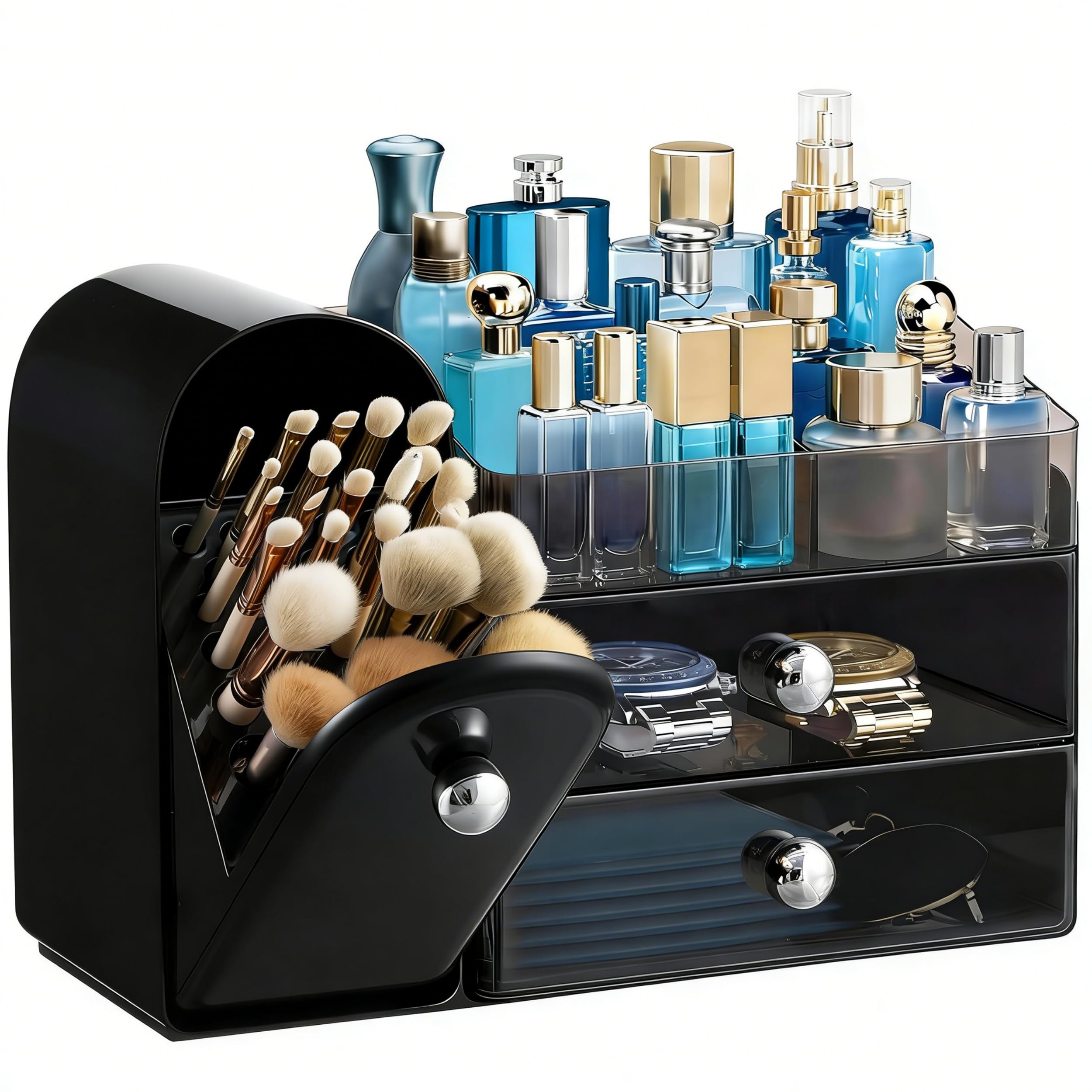 HBlife Makeup Organizer Countertop with Drawers, Vanity Organizers with Brush Holder, Bathroom Counter Organizer for Perfume, Nail Polishes, Lipsticks, Skincare and Eyeshadow Palettes