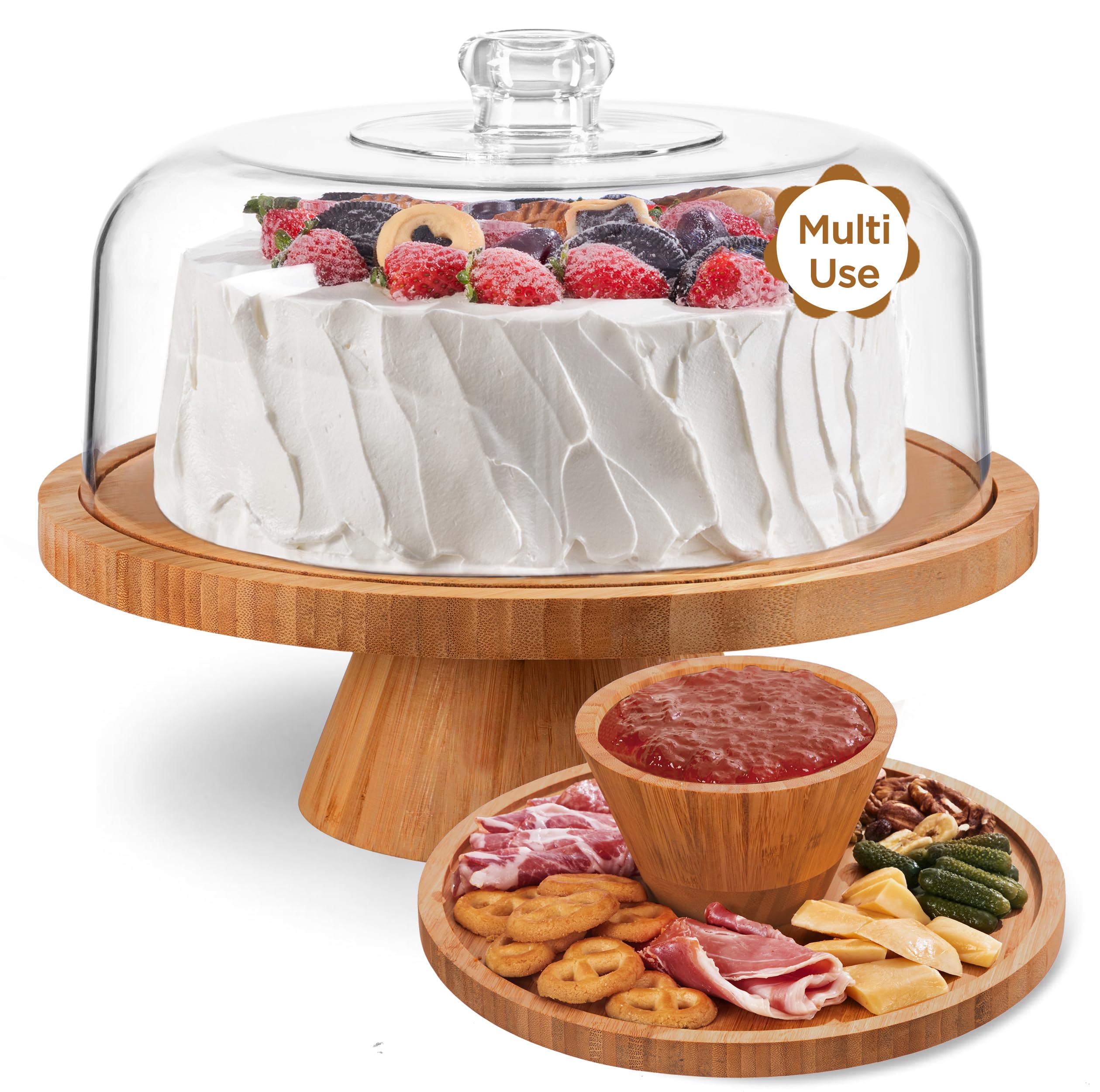 HBlife Cake Stand with Lid (16.5"), Multifunctional Cake Stand with Acrylic Dome, Rectangular Bamboo 2-in-1 Cake Plate Display Stand with Cover for Baking Gifts, Birthday Kitchen Parties, Weddings