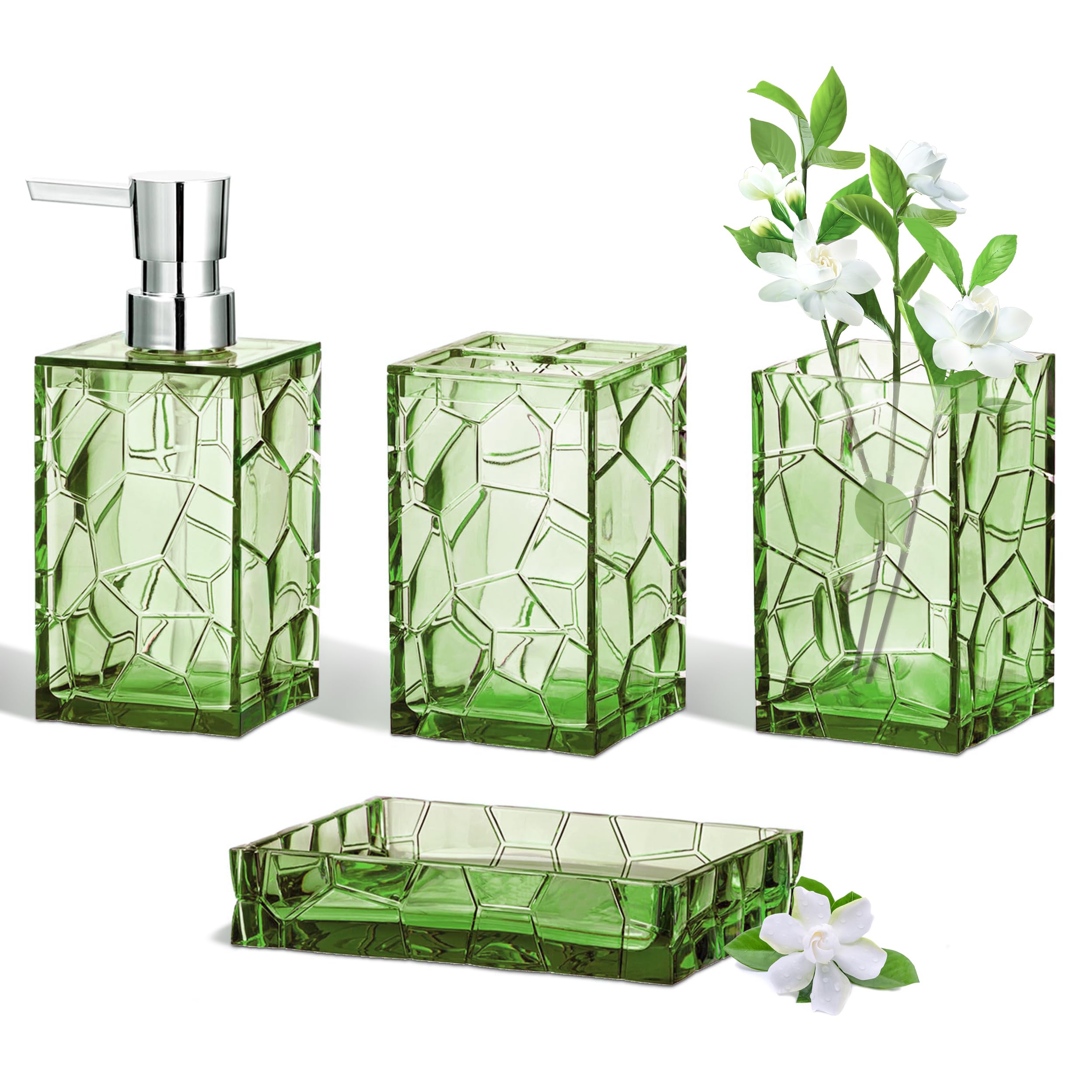 HBlife Bathroom Accessories Set, Sage Acrylic Bathroom Counter Set with Toothbrush Holder, Soap Dispenser, Tumbler, Soap Dish, Boho Modern Bathroom Accessories Decor, Ideal Gift Choice