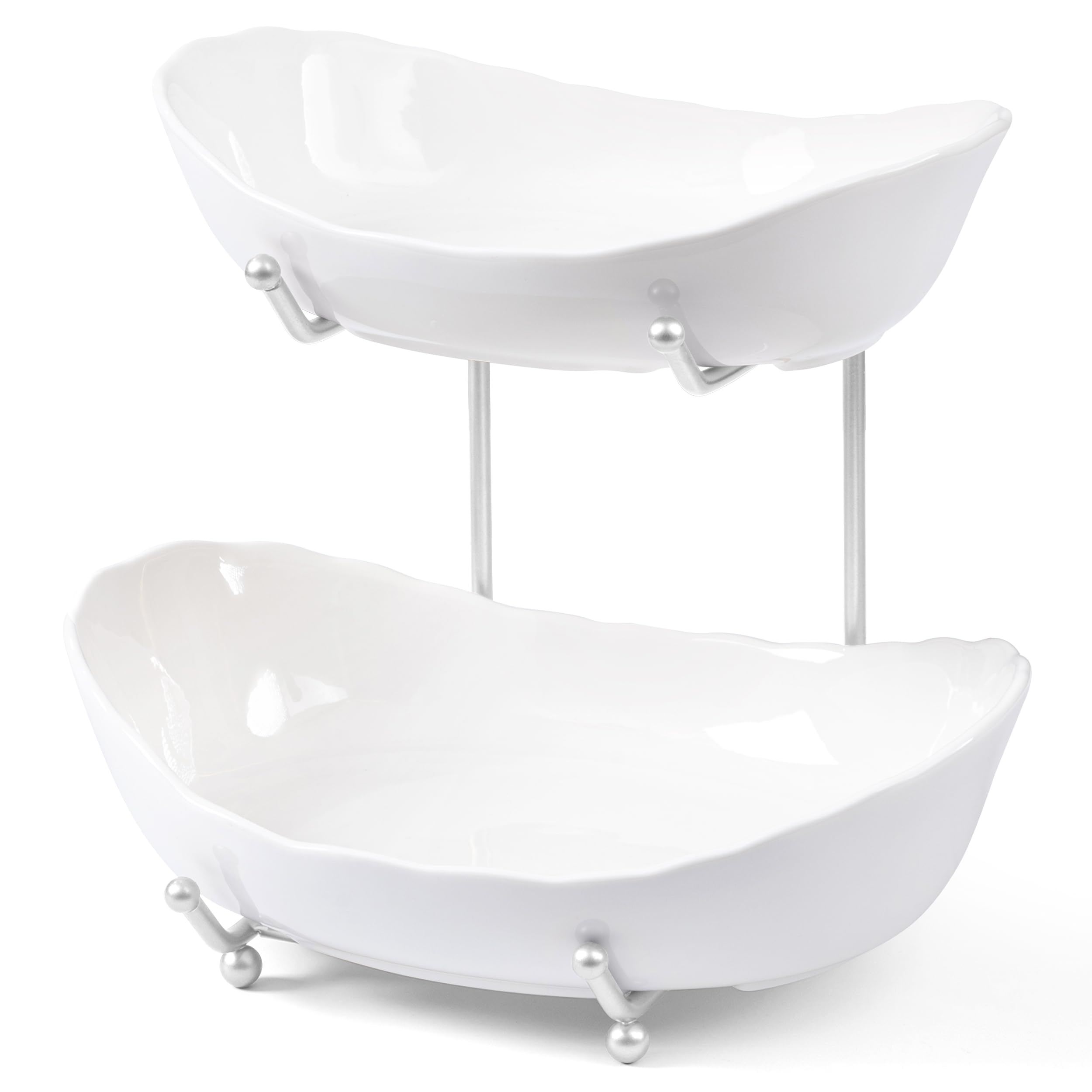 HBlife Fruit Bowl for Kitchen Counter - 2 Tier Ceramic Fruit Bowl with Metal Stand, Tiered Fruit Basket for Kitchen Counter, Serving Platters Serving Trays for Party