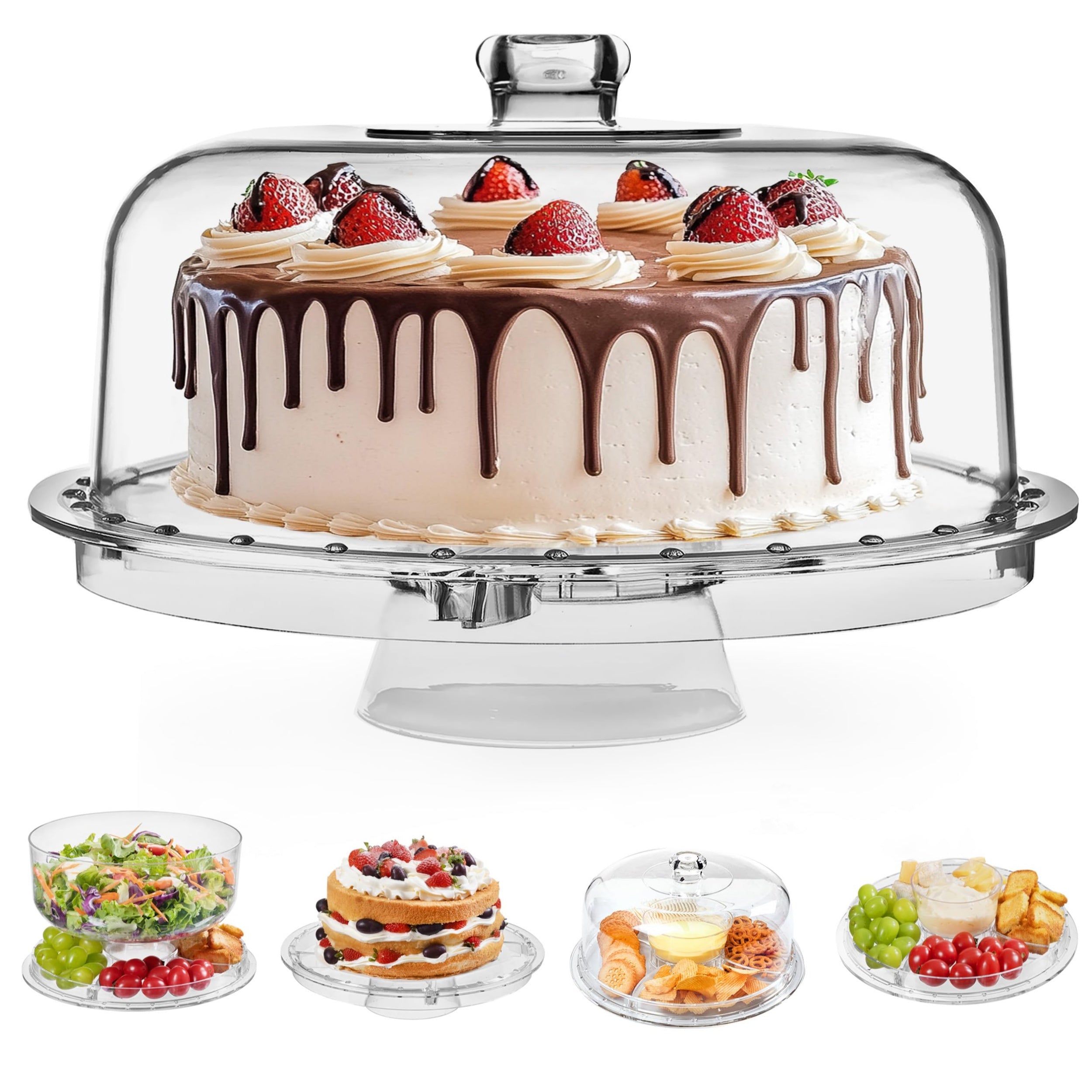 HBlife Cake Stand with Lid (16.5"), Multifunctional Cake Stand with Acrylic Dome, Rectangular Bamboo 2-in-1 Cake Plate Display Stand with Cover for Baking Gifts, Birthday Kitchen Parties, Weddings