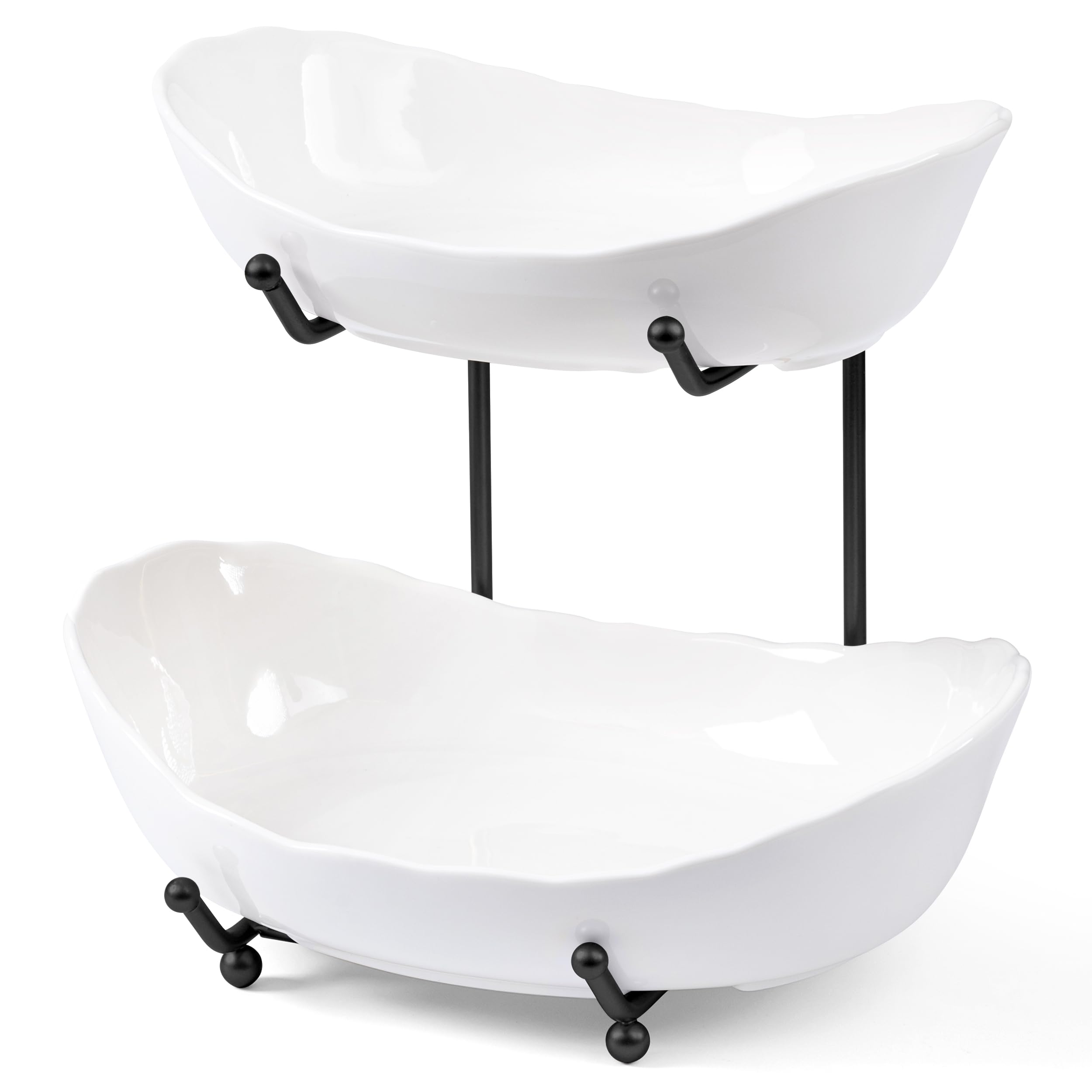 HBlife Fruit Bowl for Kitchen Counter - 2 Tier Ceramic Fruit Bowl with Metal Stand, Tiered Fruit Basket for Kitchen Counter, Serving Platters Serving Trays for Party