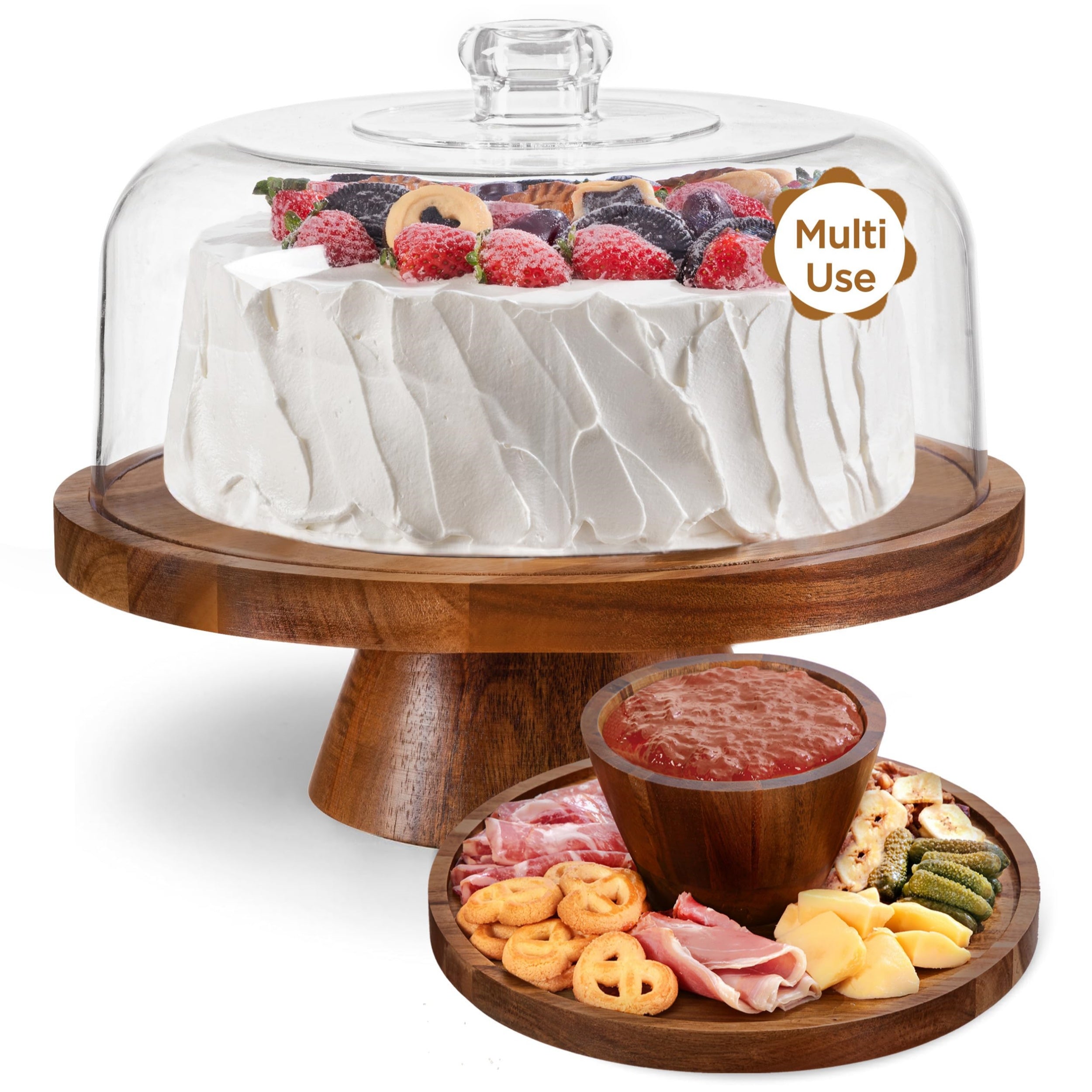 HBlife Cake Stand with Lid (16.5"), Multifunctional Cake Stand with Acrylic Dome, Rectangular Bamboo 2-in-1 Cake Plate Display Stand with Cover for Baking Gifts, Birthday Kitchen Parties, Weddings